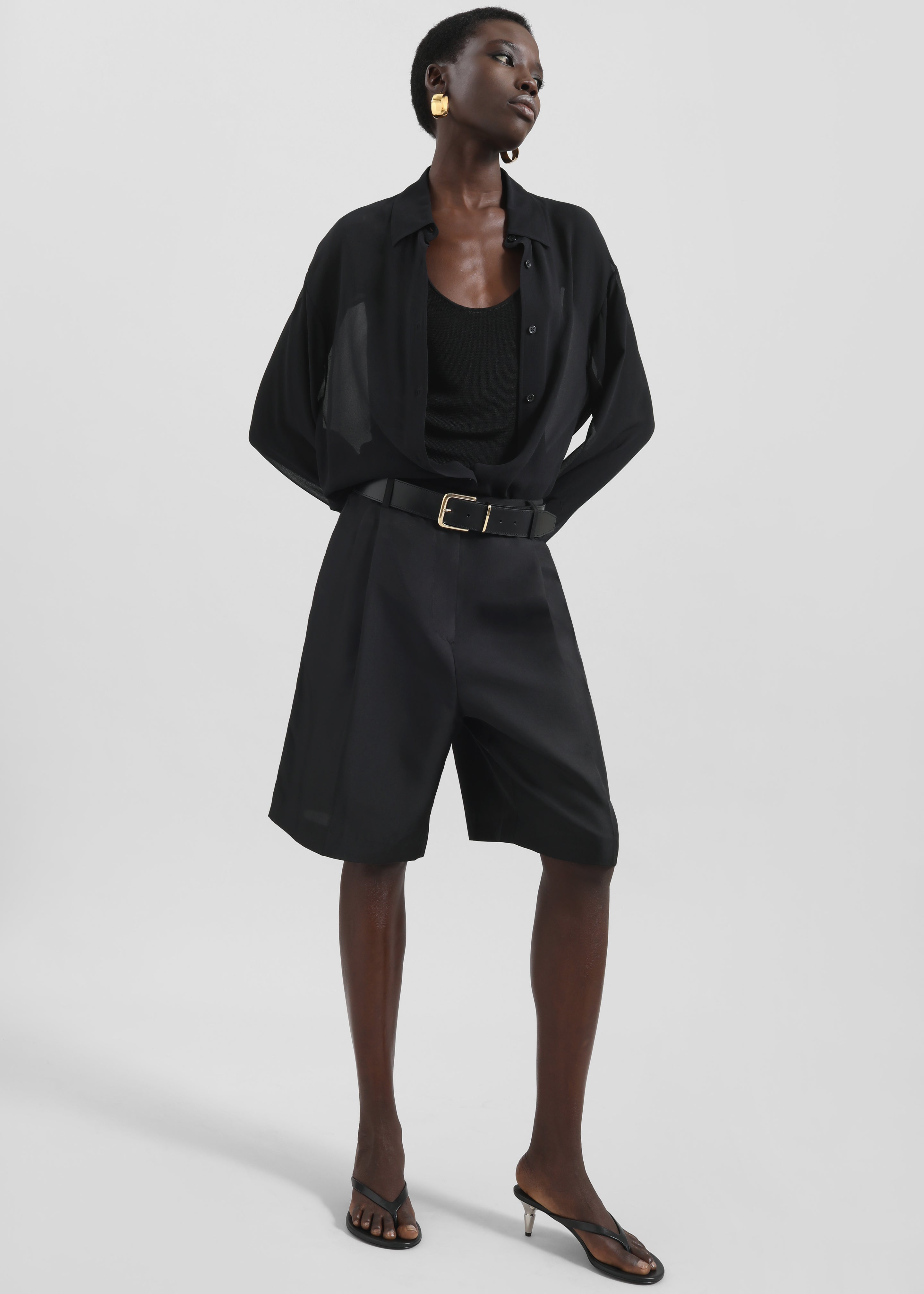 Marfa Pleated Silk Bermuda Shorts - Black - 1