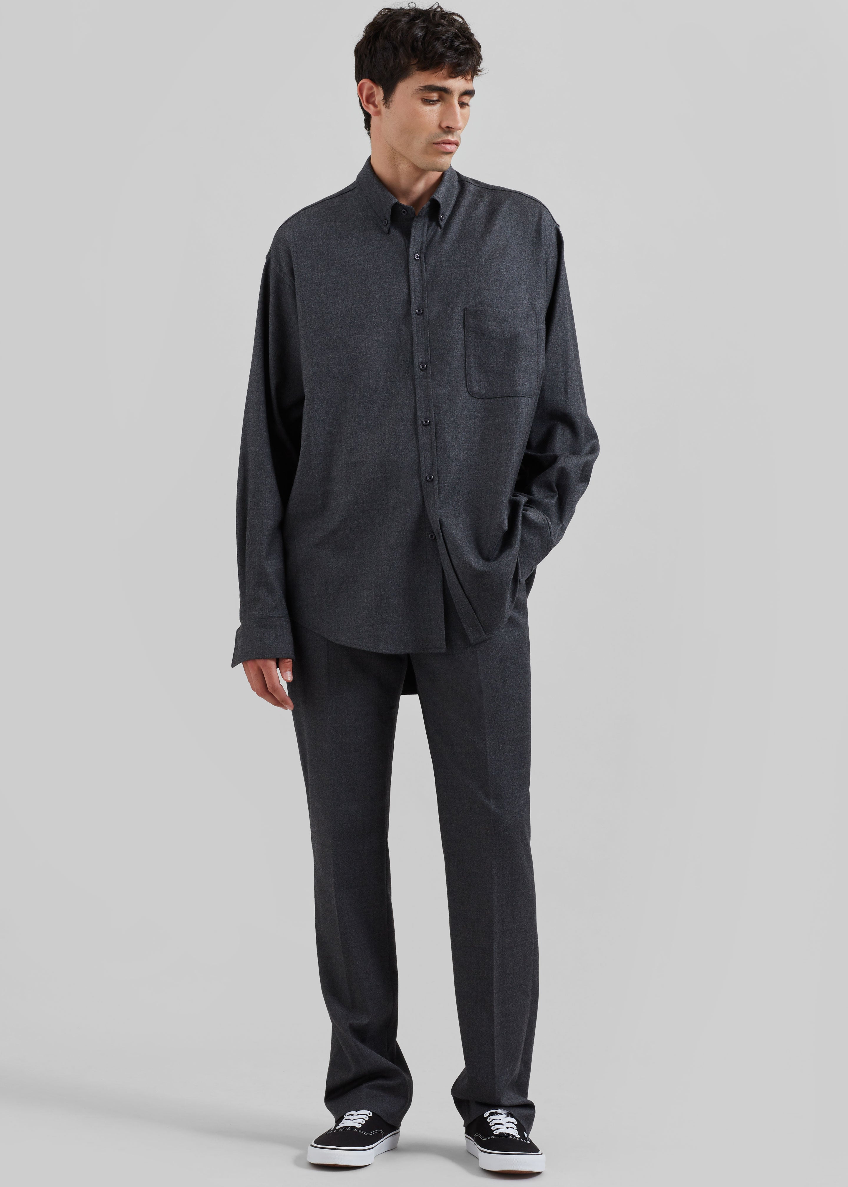 Mason Wool Flannel Button Up Shirt - Charcoal - 4