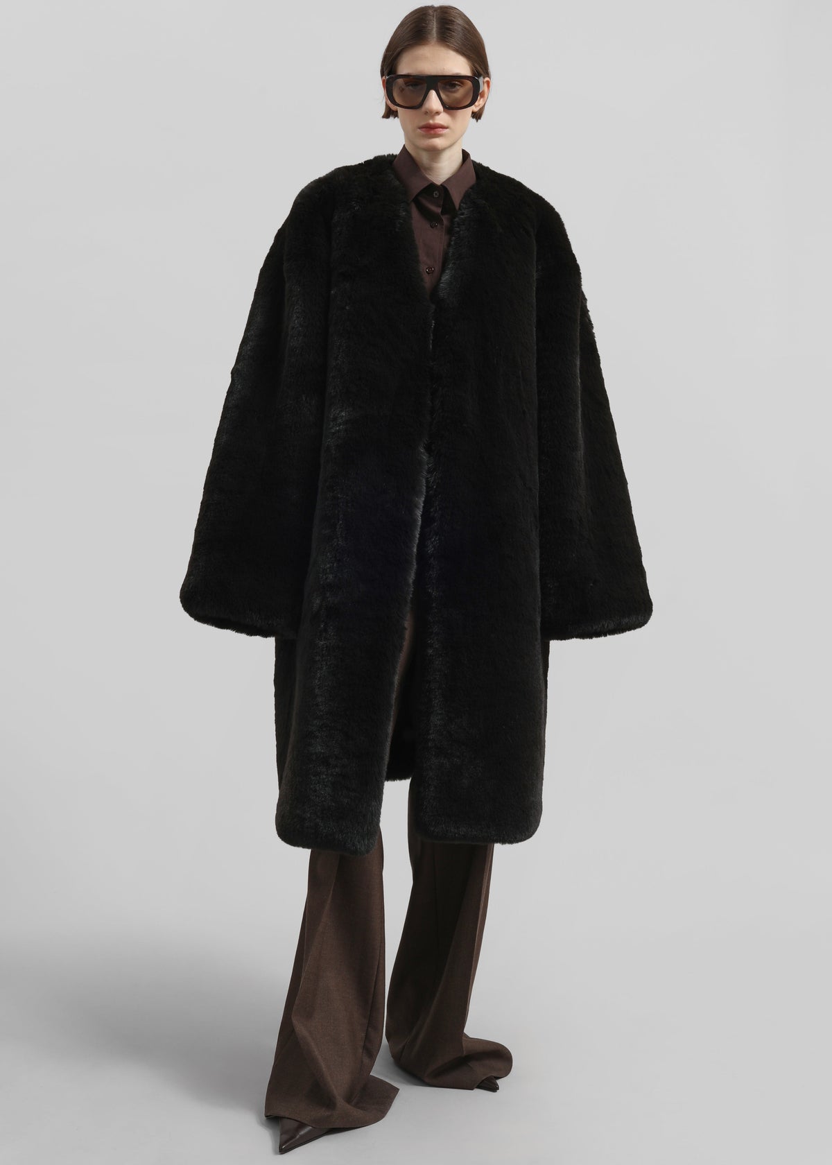 Matera Collarless Faux Fur Coat - Black - 3