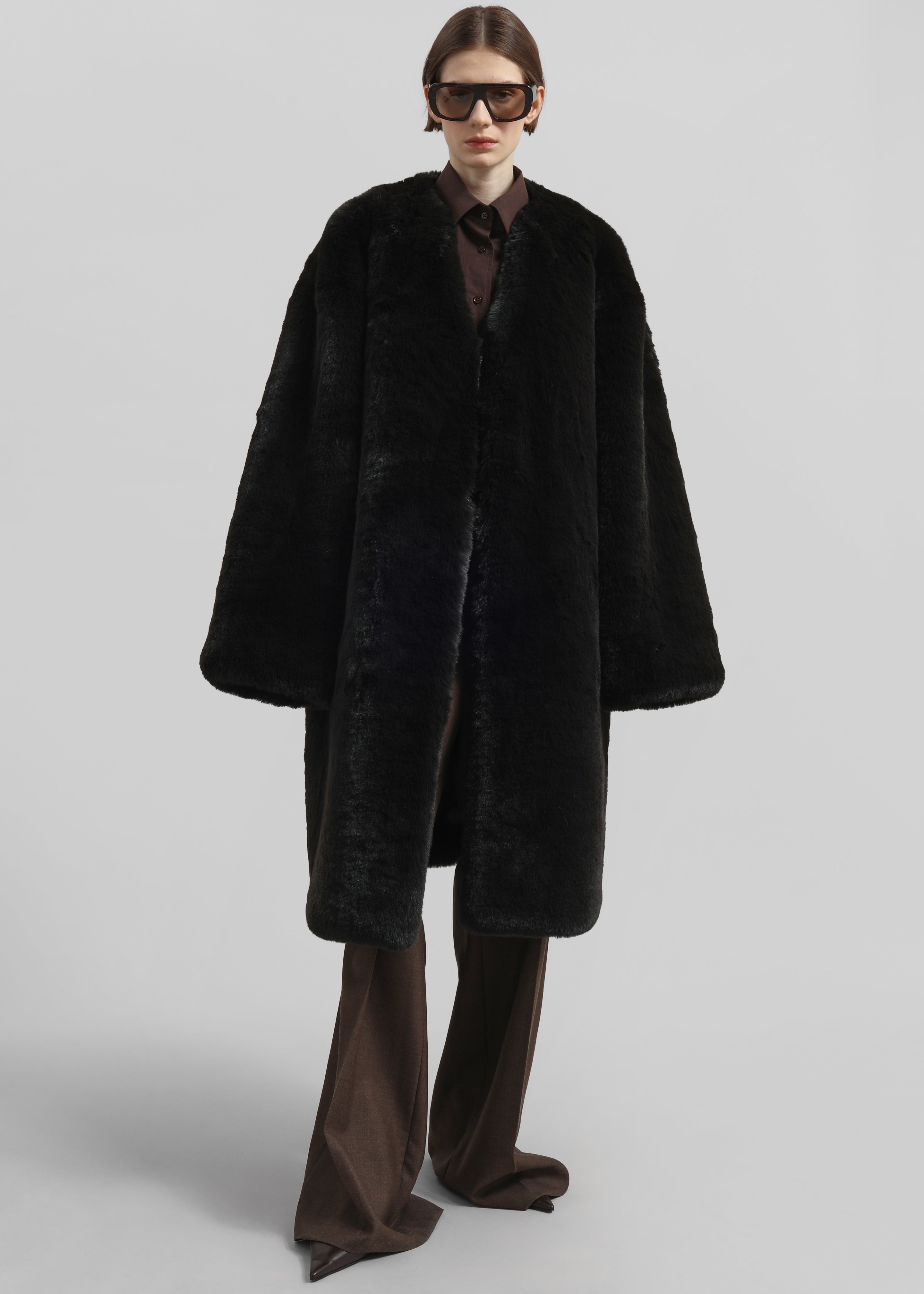 Matera Collarless Faux Fur Coat - Black - 3