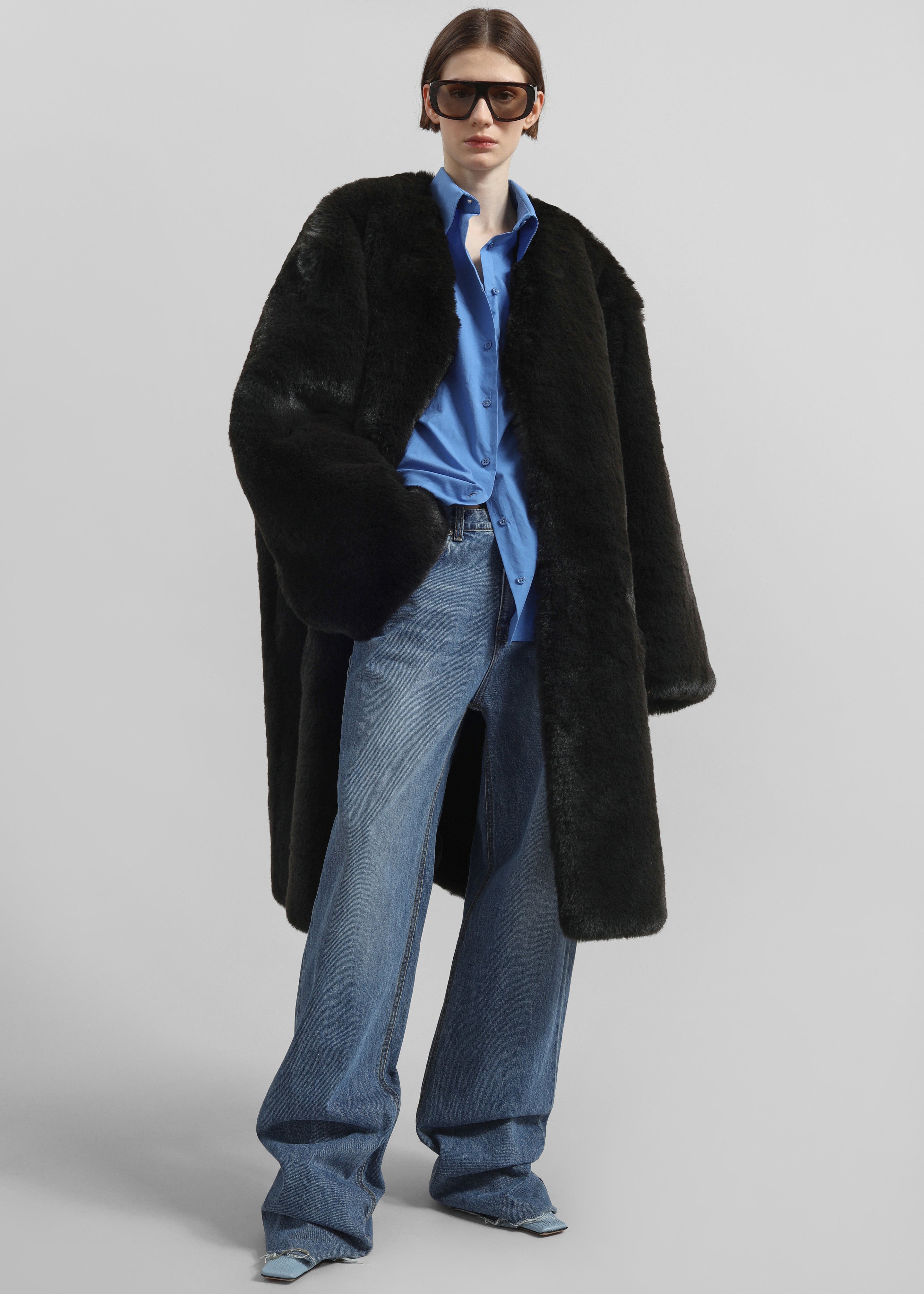 Matera Collarless Faux Fur Coat - Black - 4