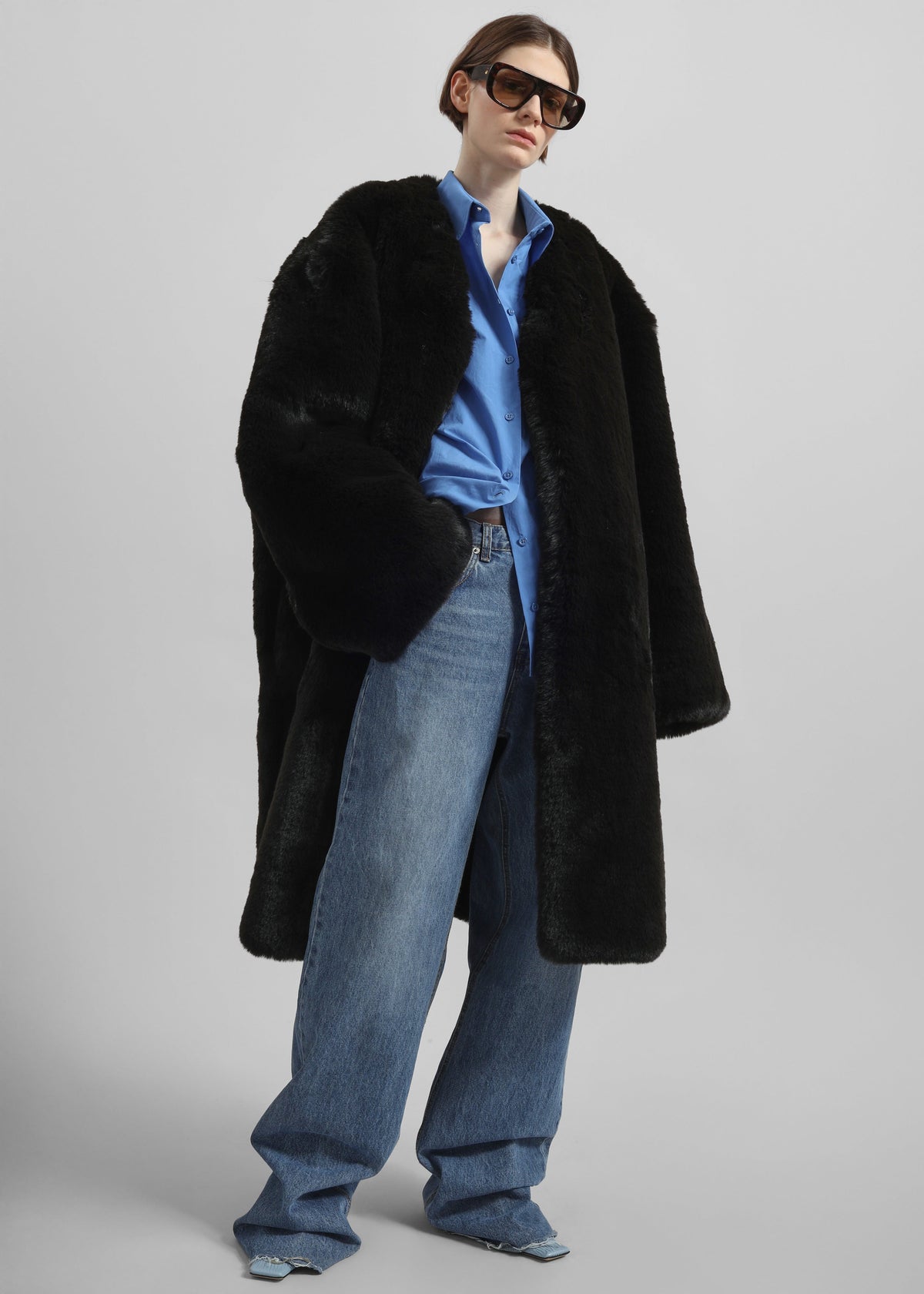 Matera Collarless Faux Fur Coat - Black - 7