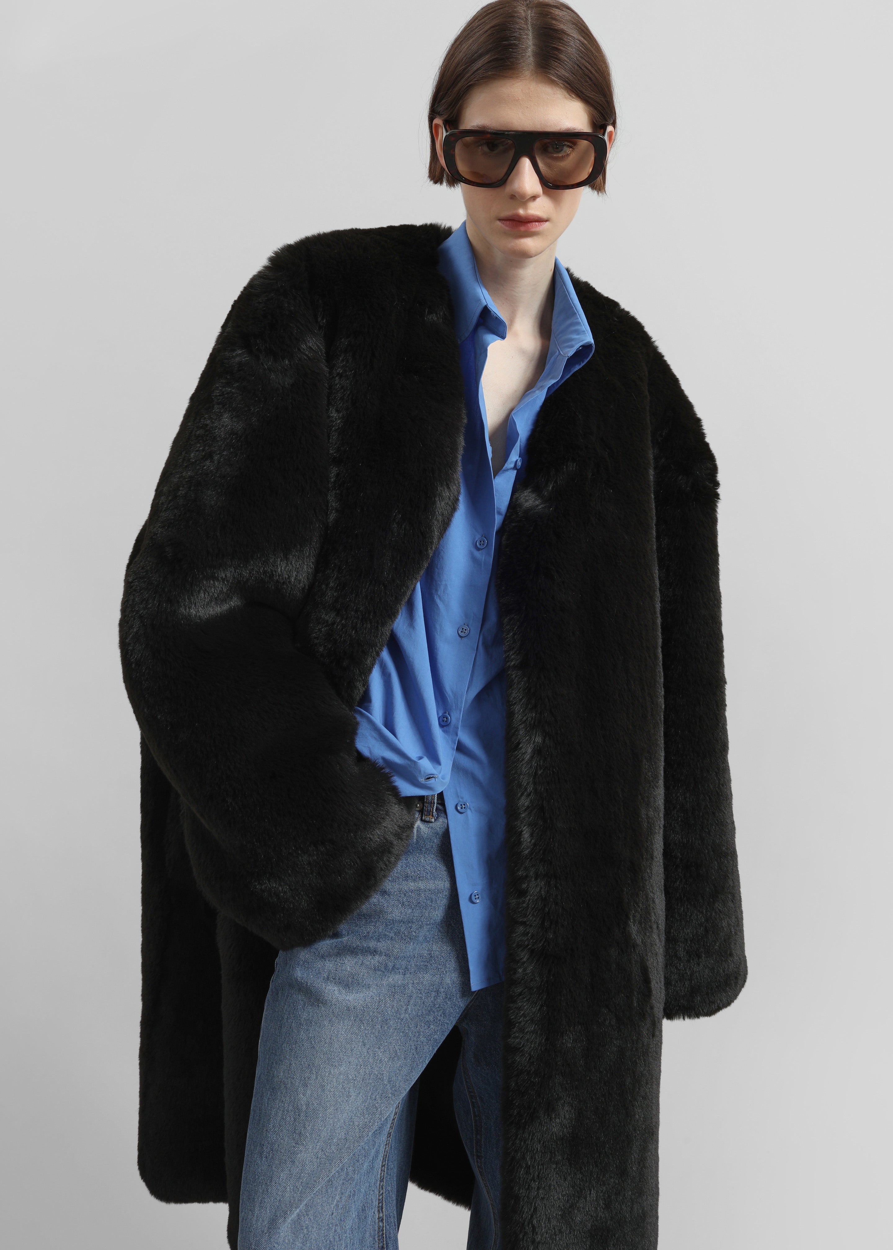 Matera Collarless Faux Fur Coat - Black - 2