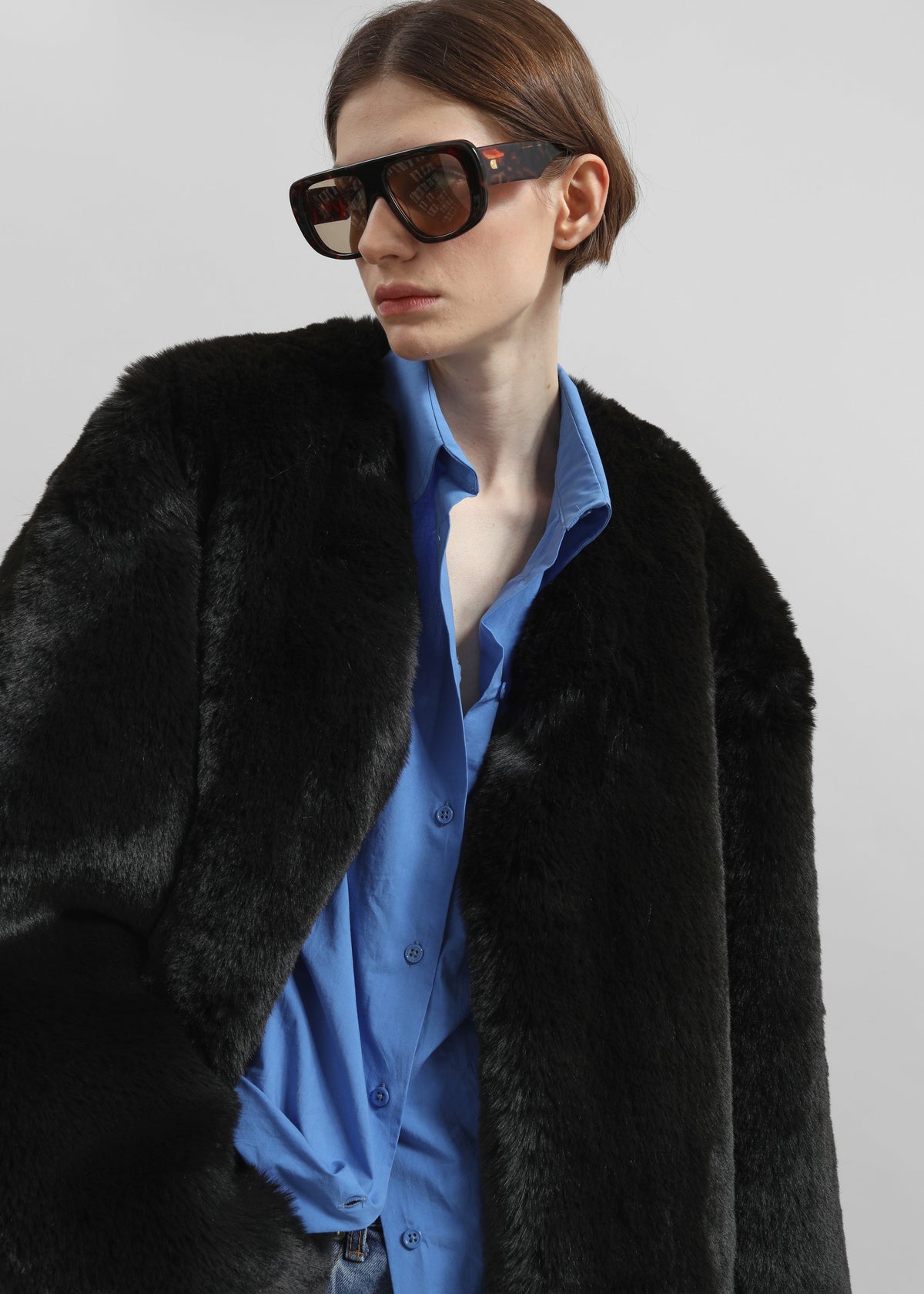 Matera Collarless Faux Fur Coat - Black - 5