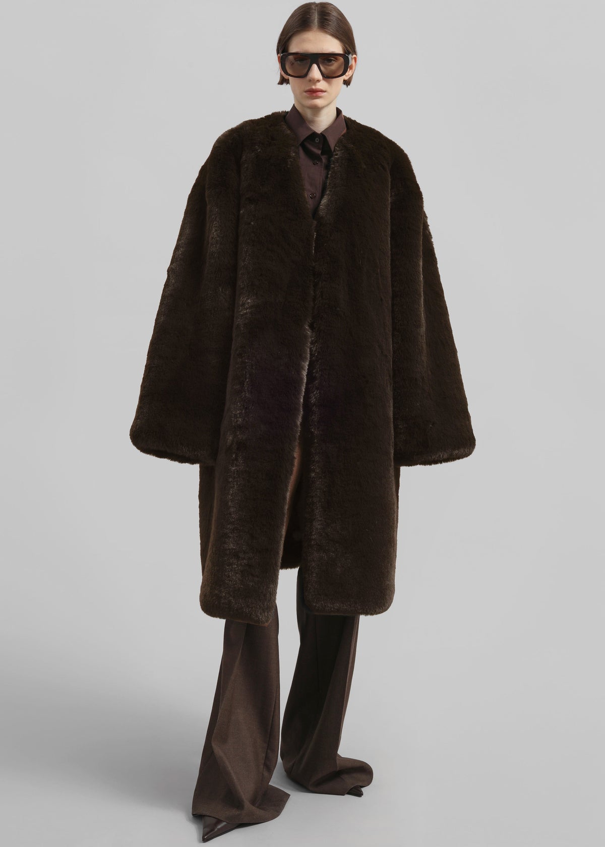 Matera Collarless Faux Fur Coat - Brown - 1