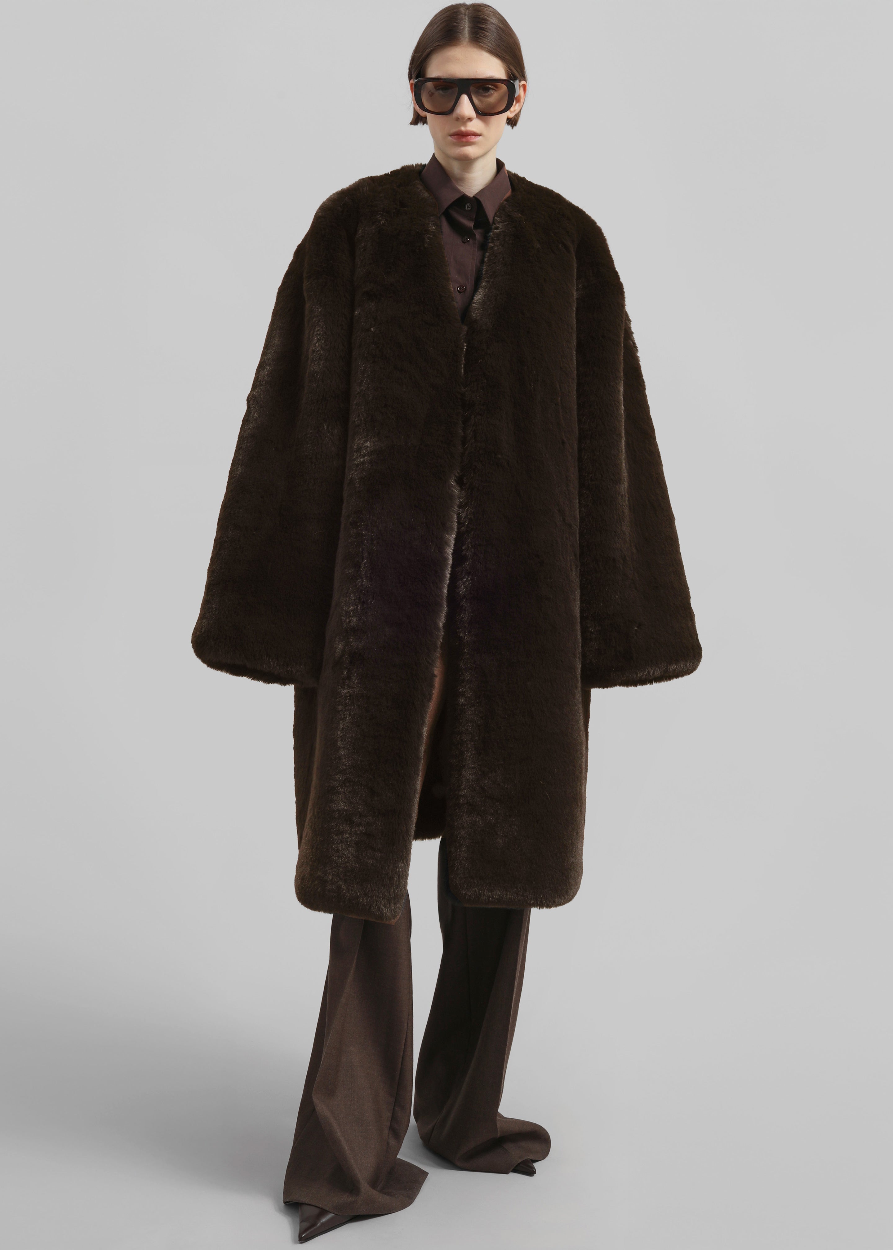 Matera Collarless Faux Fur Coat - Brown - 1