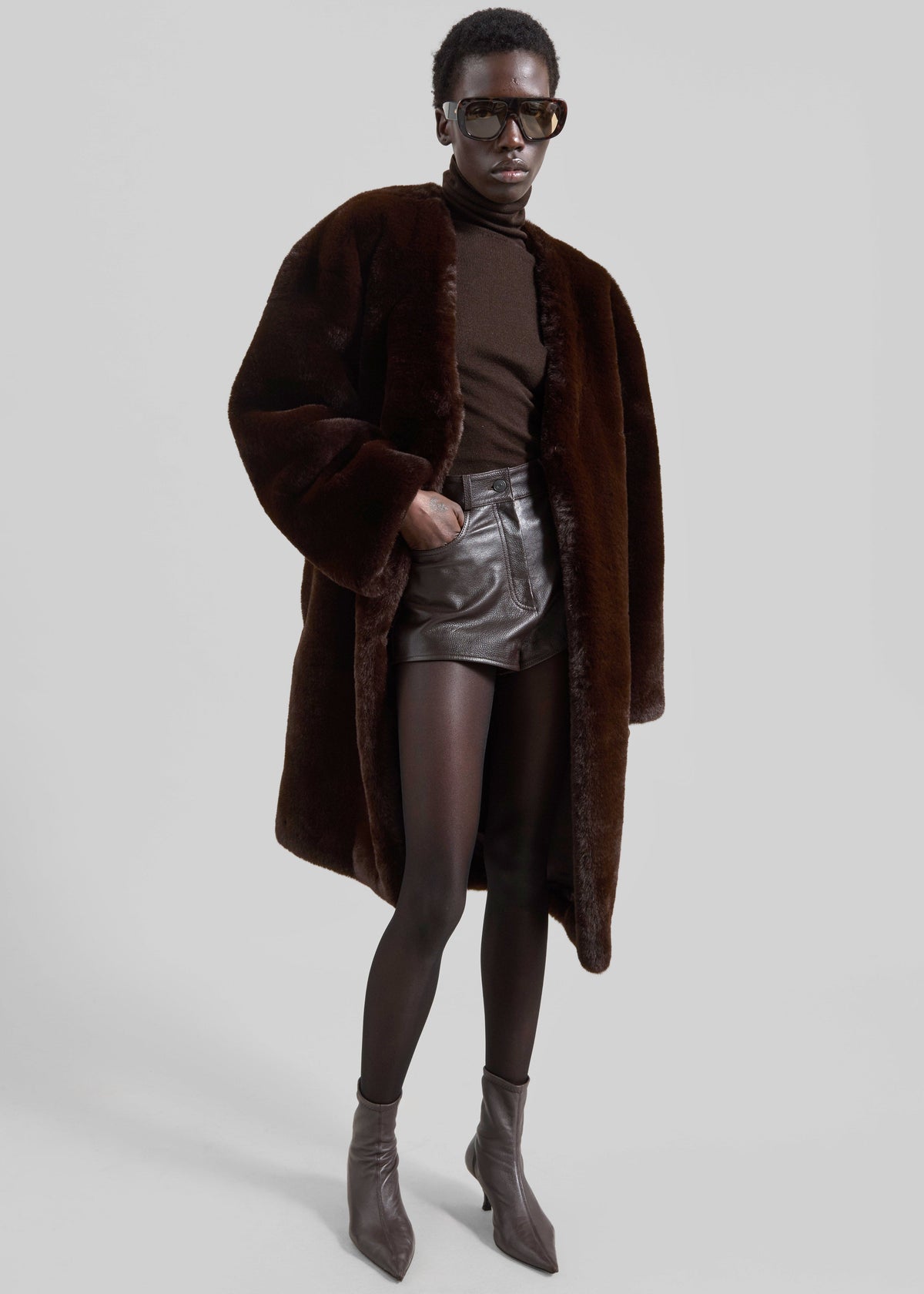 Matera Collarless Faux Fur Coat - Brown - 3