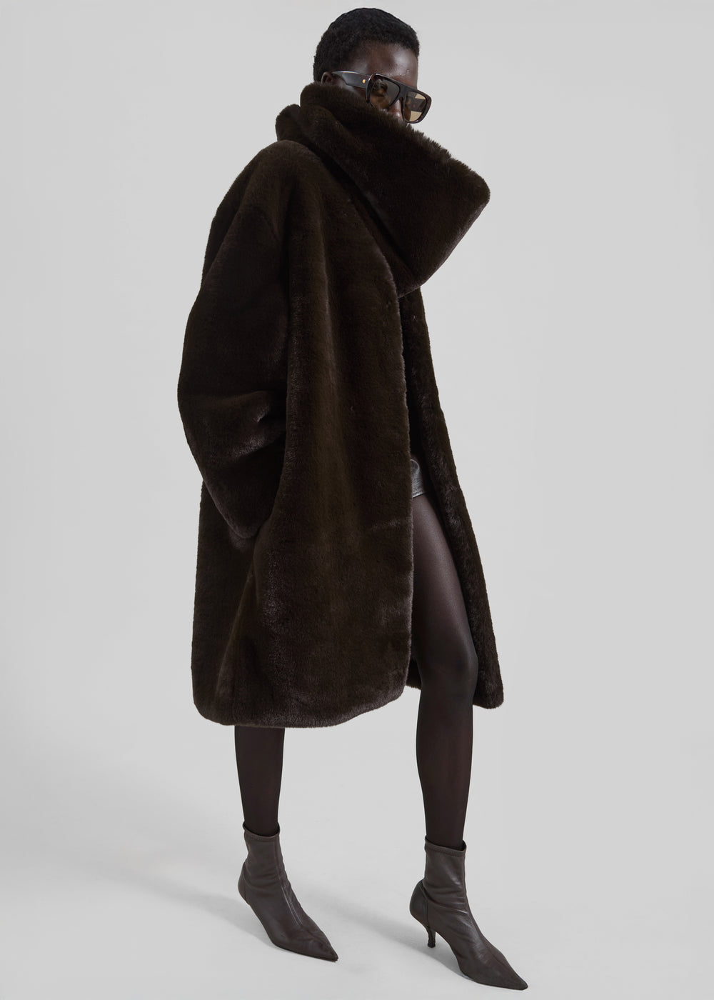 Matera Collarless Faux Fur Coat - Brown - 1