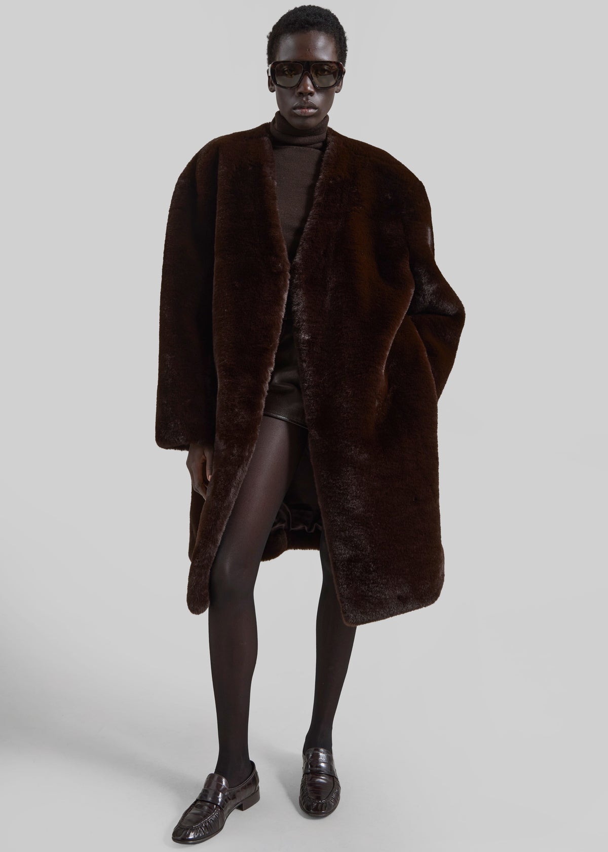 Matera Collarless Faux Fur Coat - Brown - 8