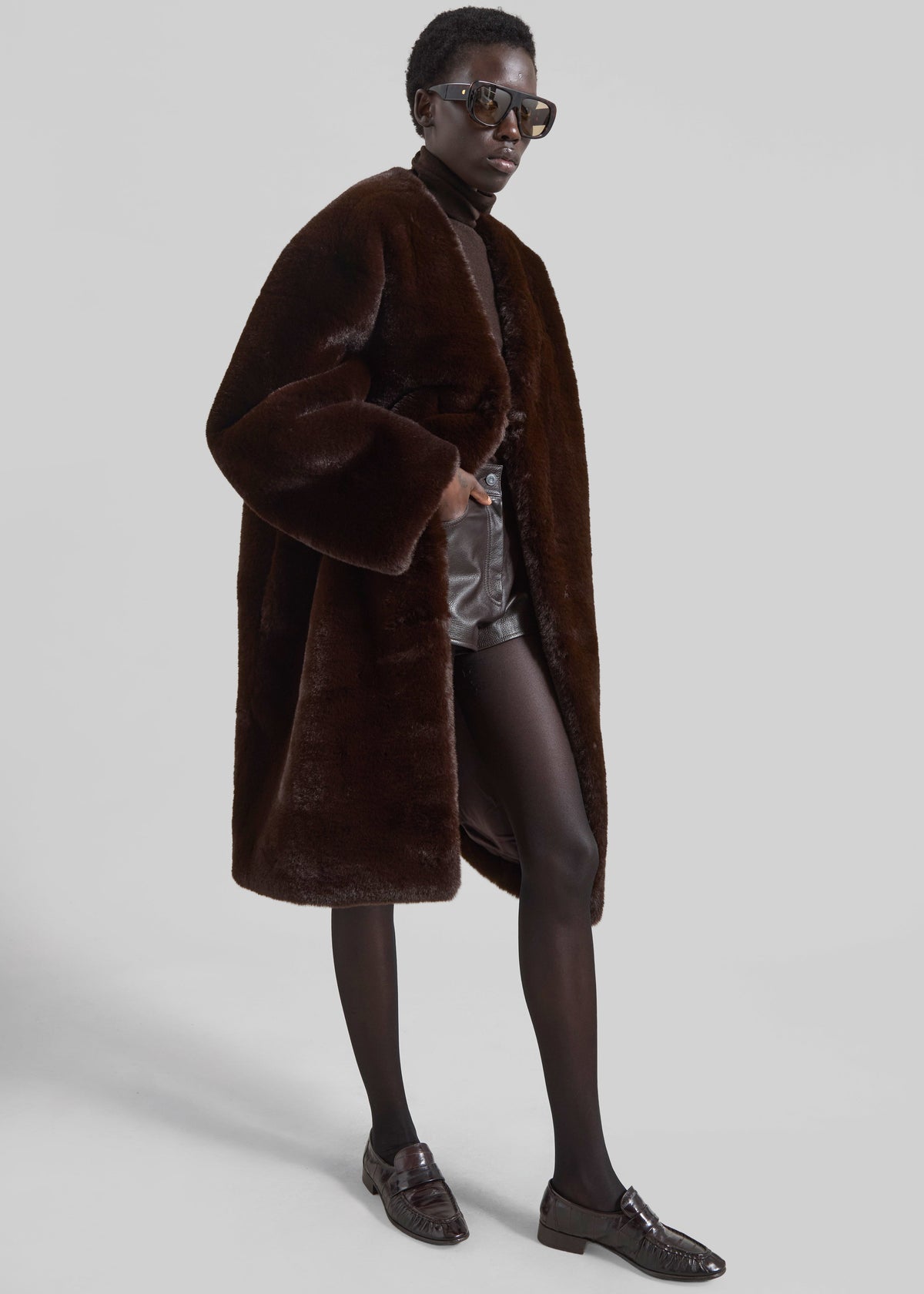 Matera Collarless Faux Fur Coat - Brown - 9