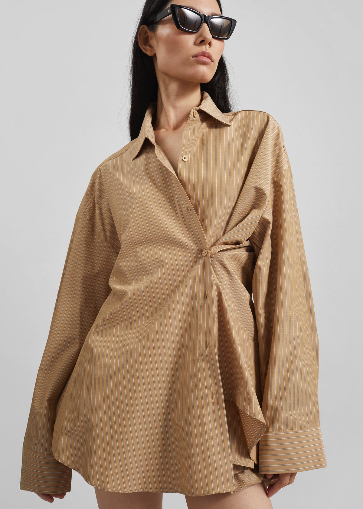 Medavy Side Button-Up Shirt - Beige/White Stripe - 3