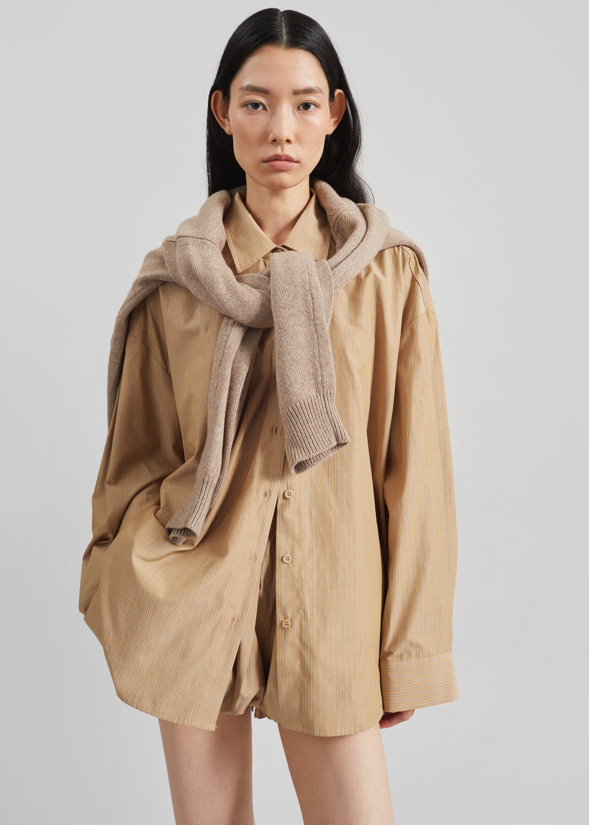 Medavy Side Button-Up Shirt - Beige/White Stripe - 5