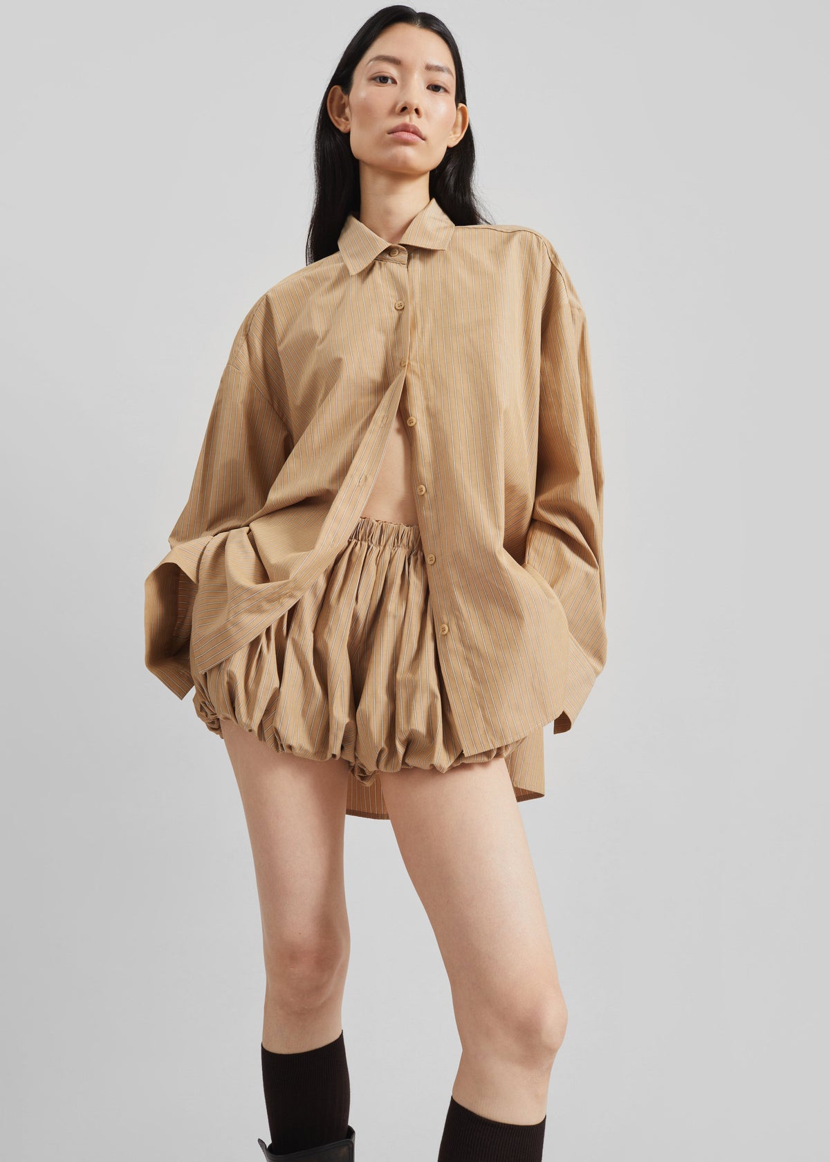 Medavy Side Button-Up Shirt - Beige/White Stripe - 6