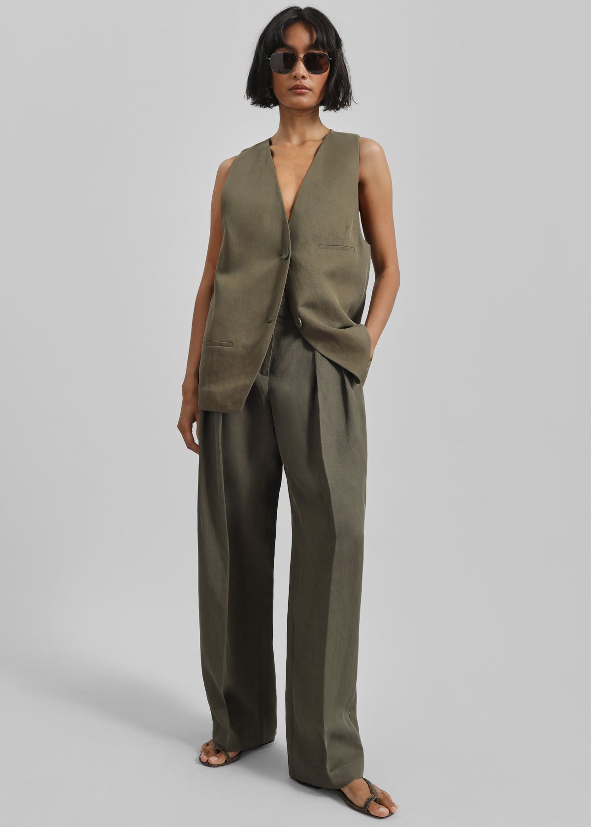 Melrose Linen Vest - Khaki - 1