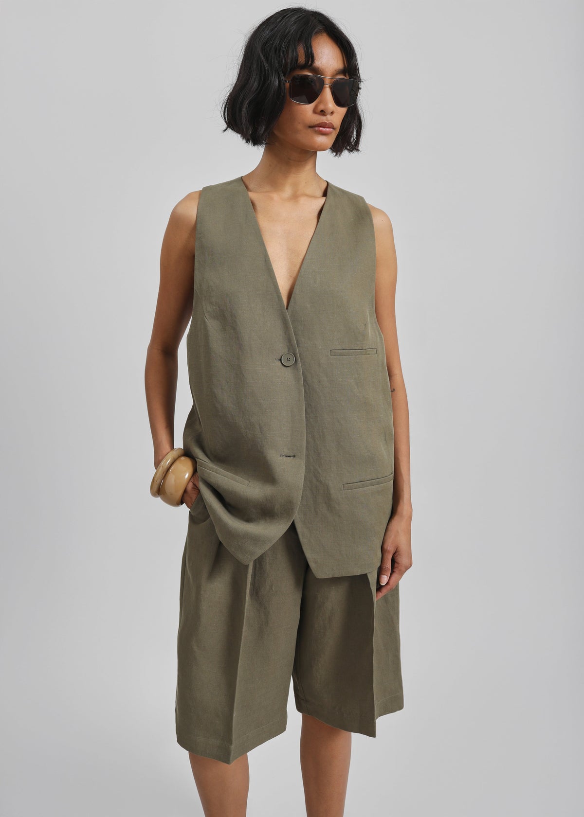 Melrose Linen Vest - Khaki - 2