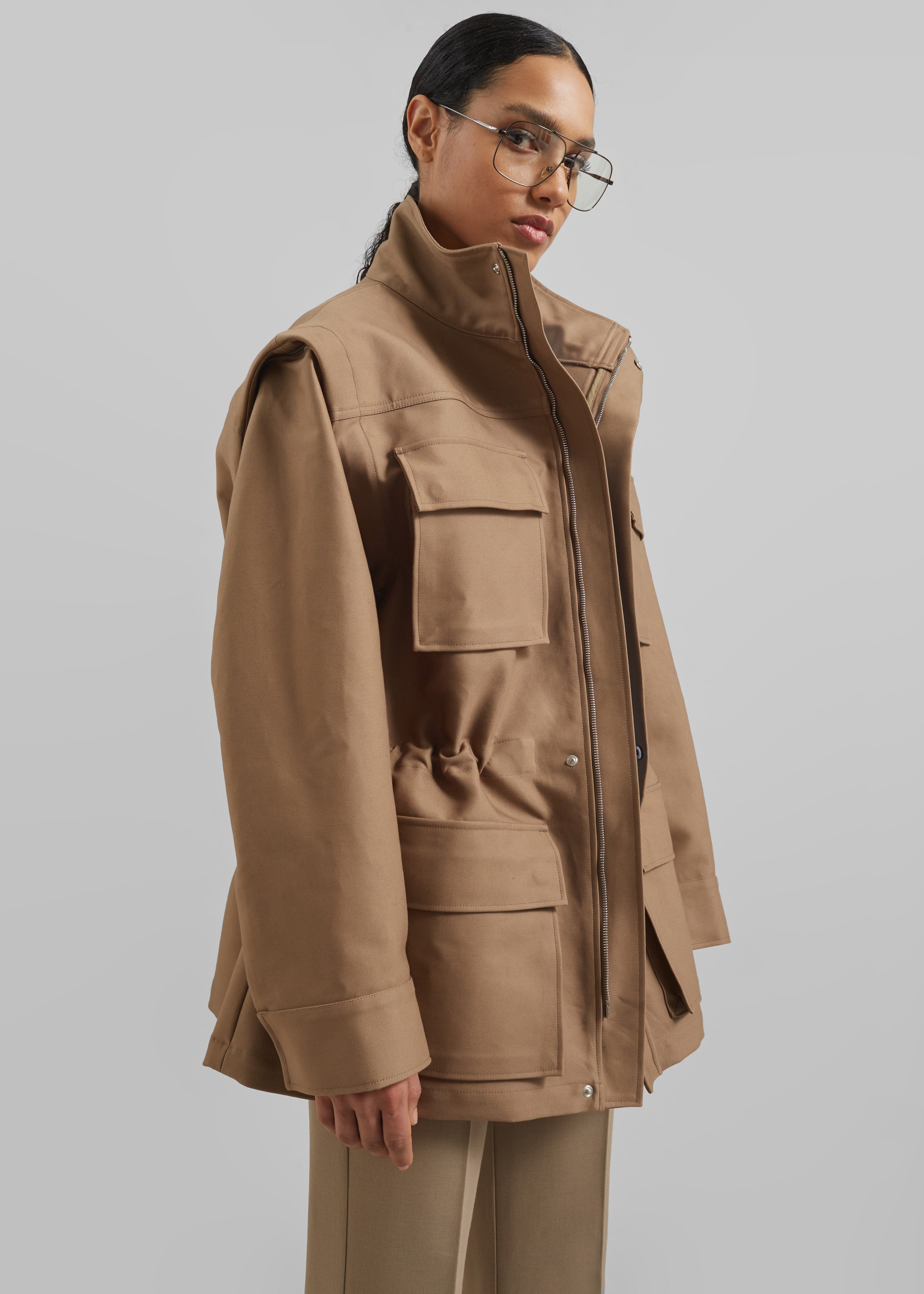 Melton Detachable Sleeve Cargo Jacket - Camel - 6