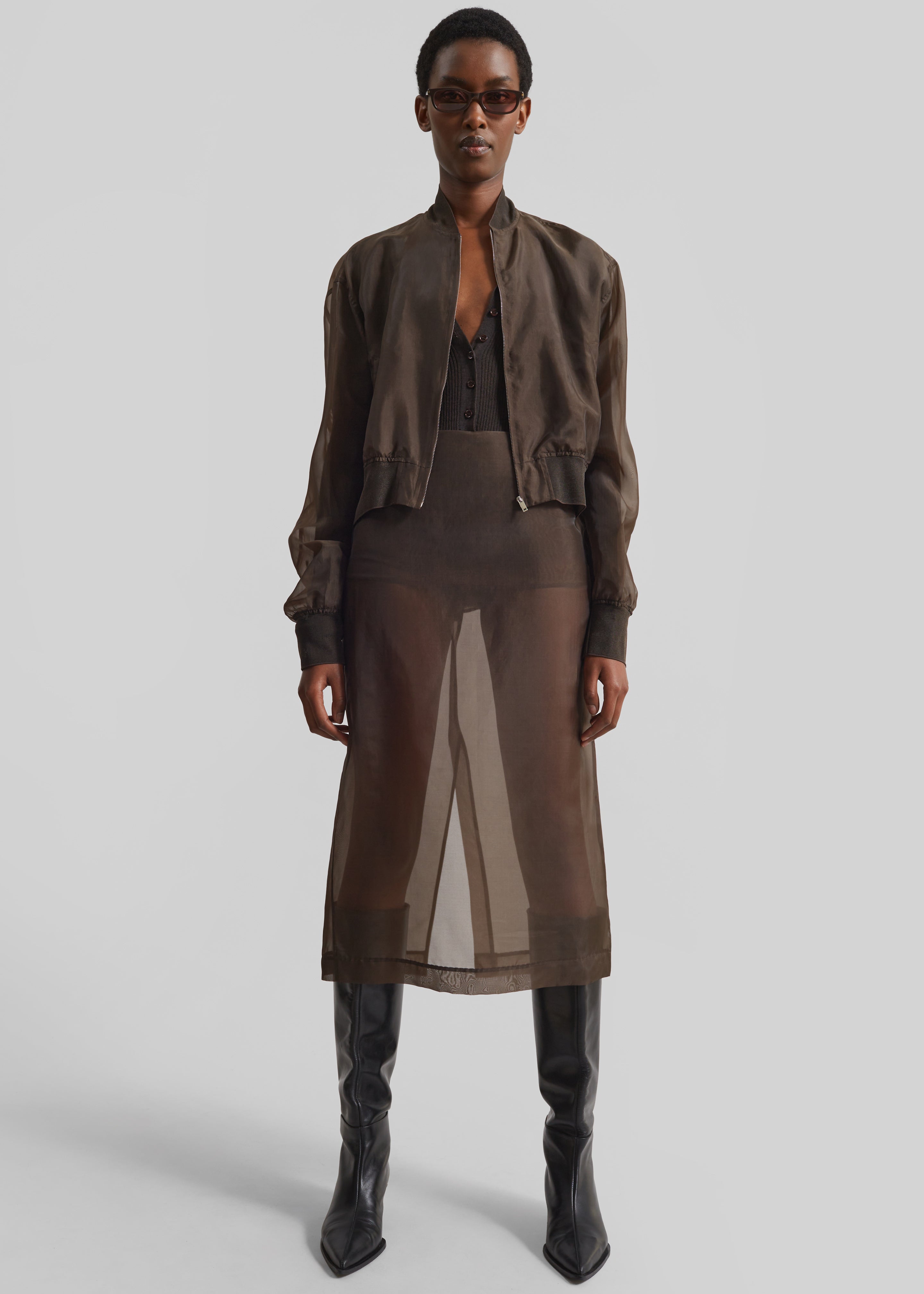 Micky Cropped Sheer Bomber - Brown - 7