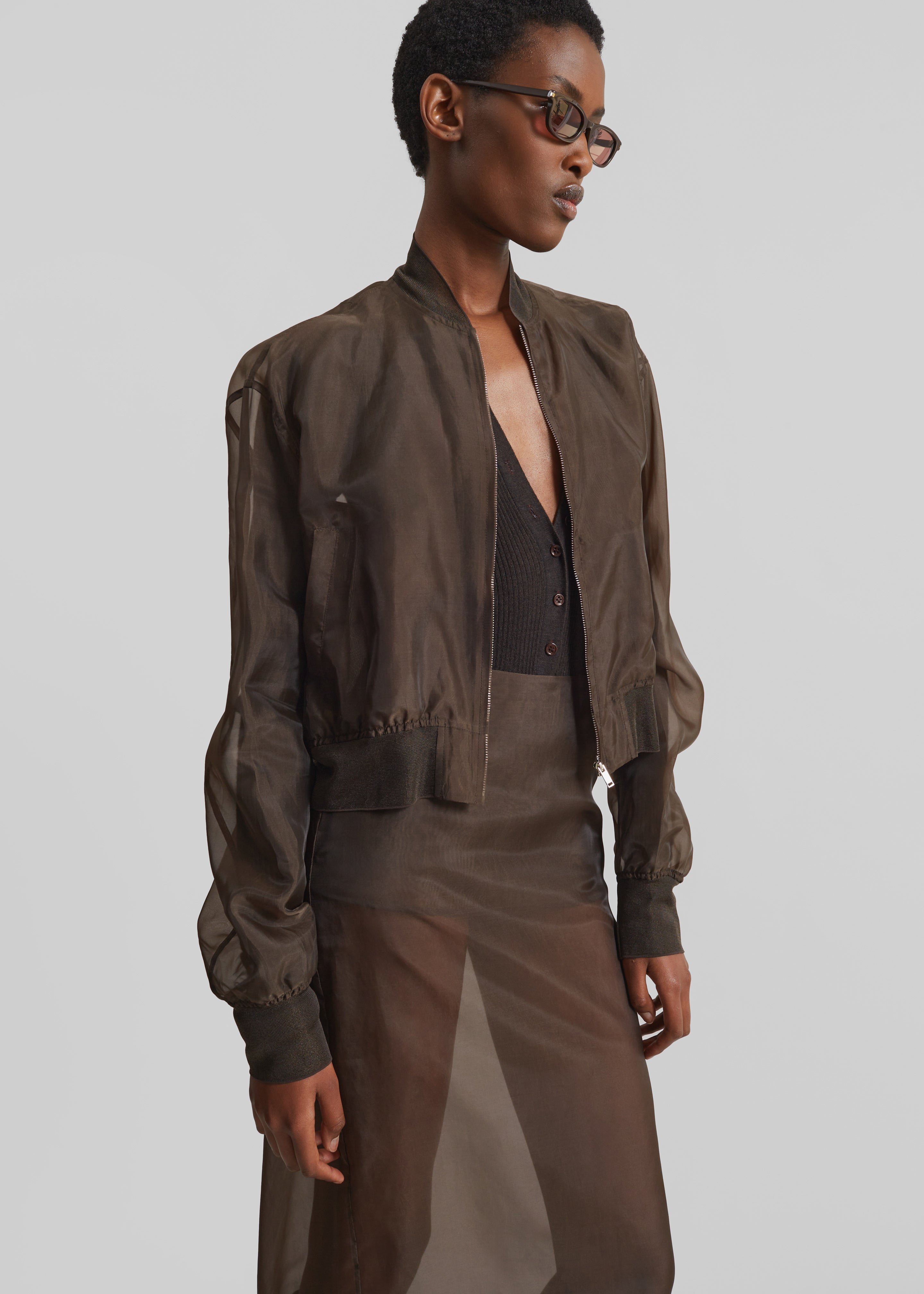 Micky Cropped Sheer Bomber - Brown - 5