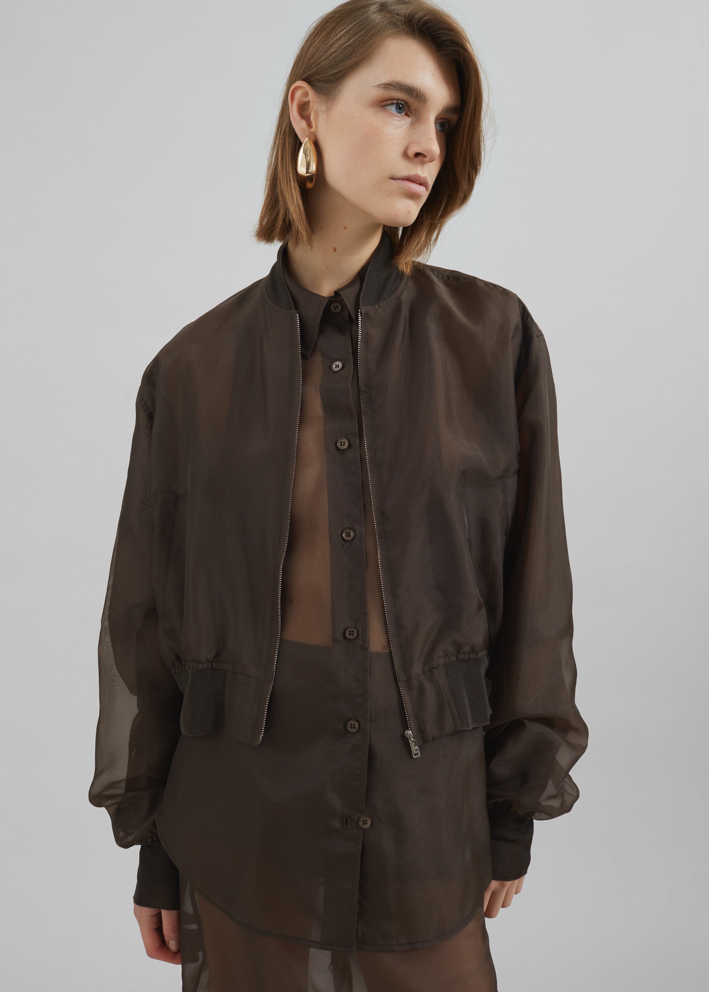 Micky Cropped Sheer Bomber - Brown - 3