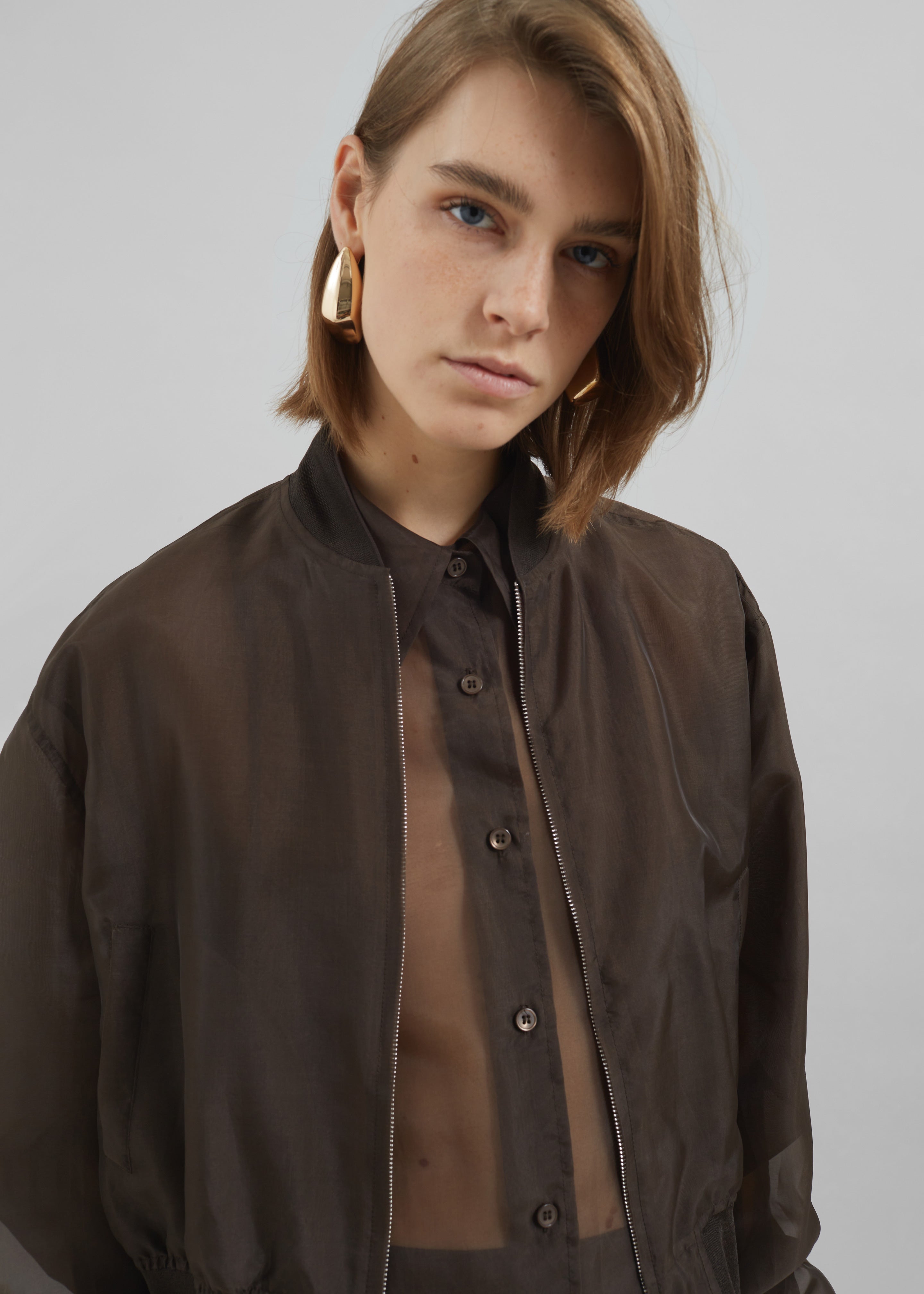 Micky Cropped Sheer Bomber - Brown - 8