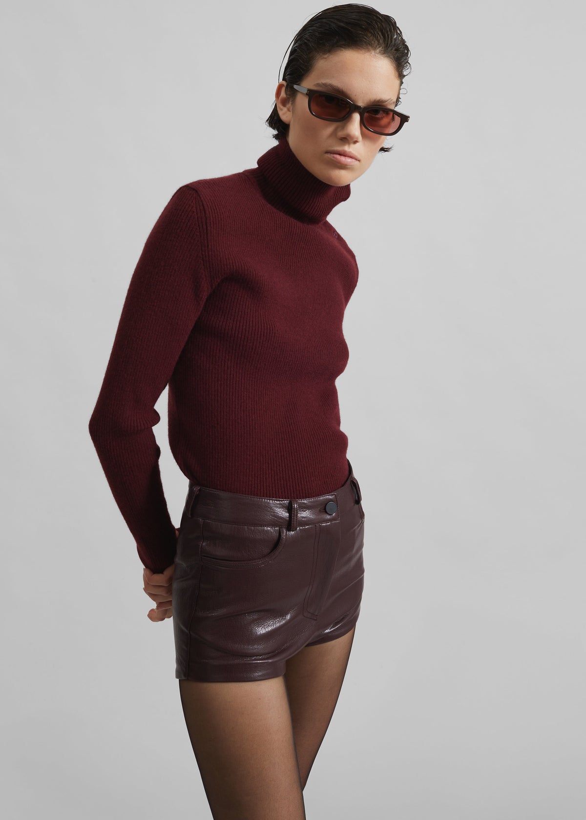 Nevis Faux Leather Hot Pants - Burgundy - 5