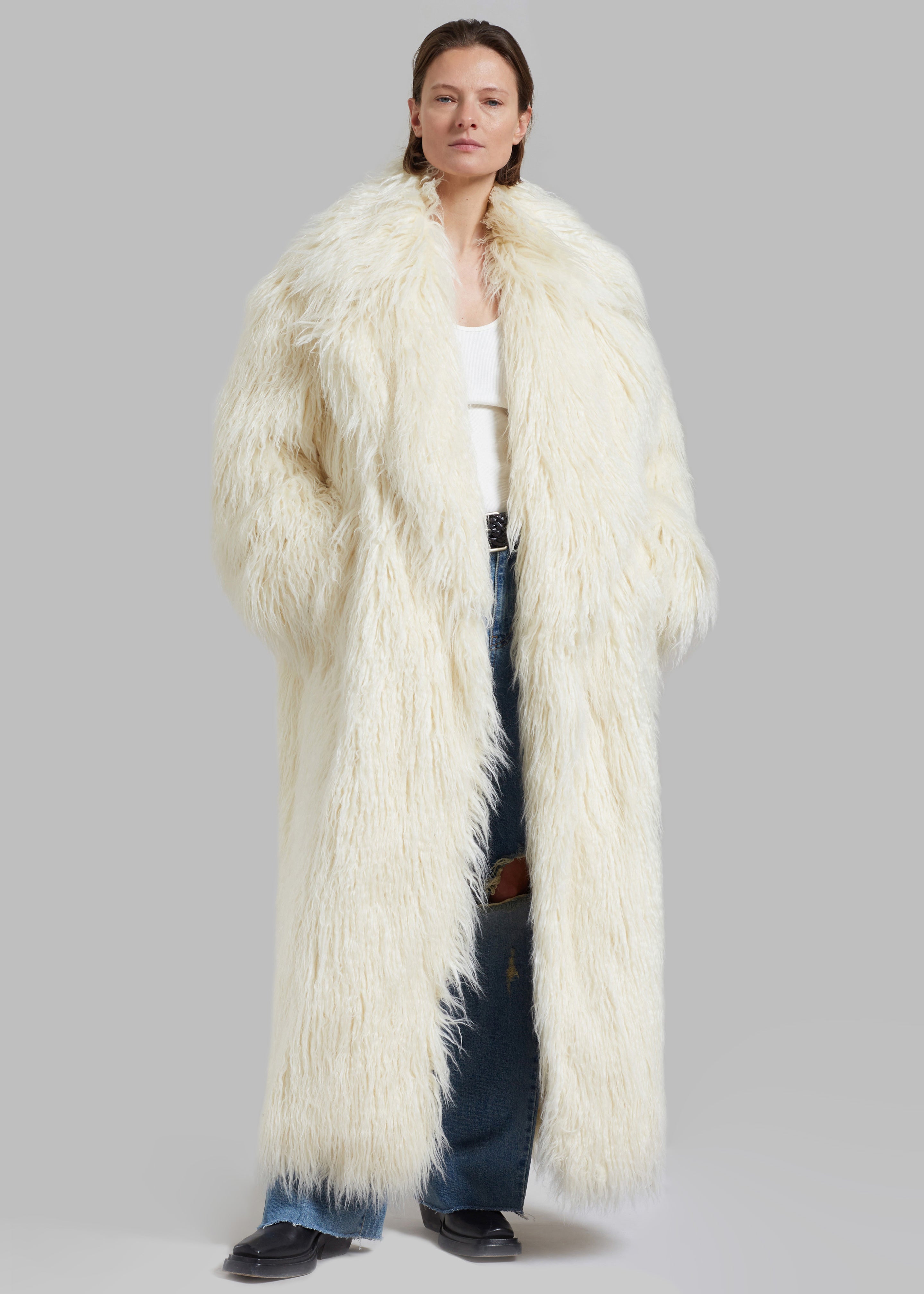 Nicole Long Faux Fur Coat - Off White - 5