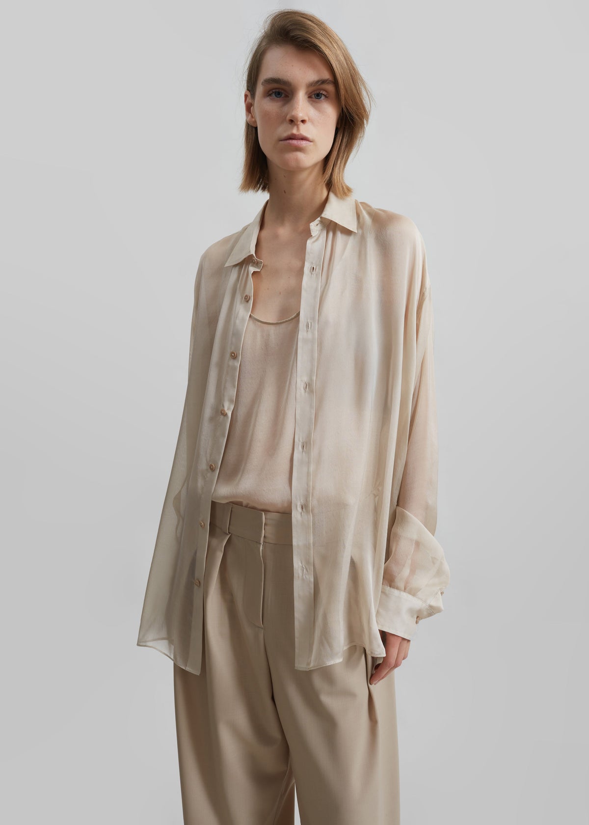 Oria Sheer Silk Chiffon Tank - Beige - 5