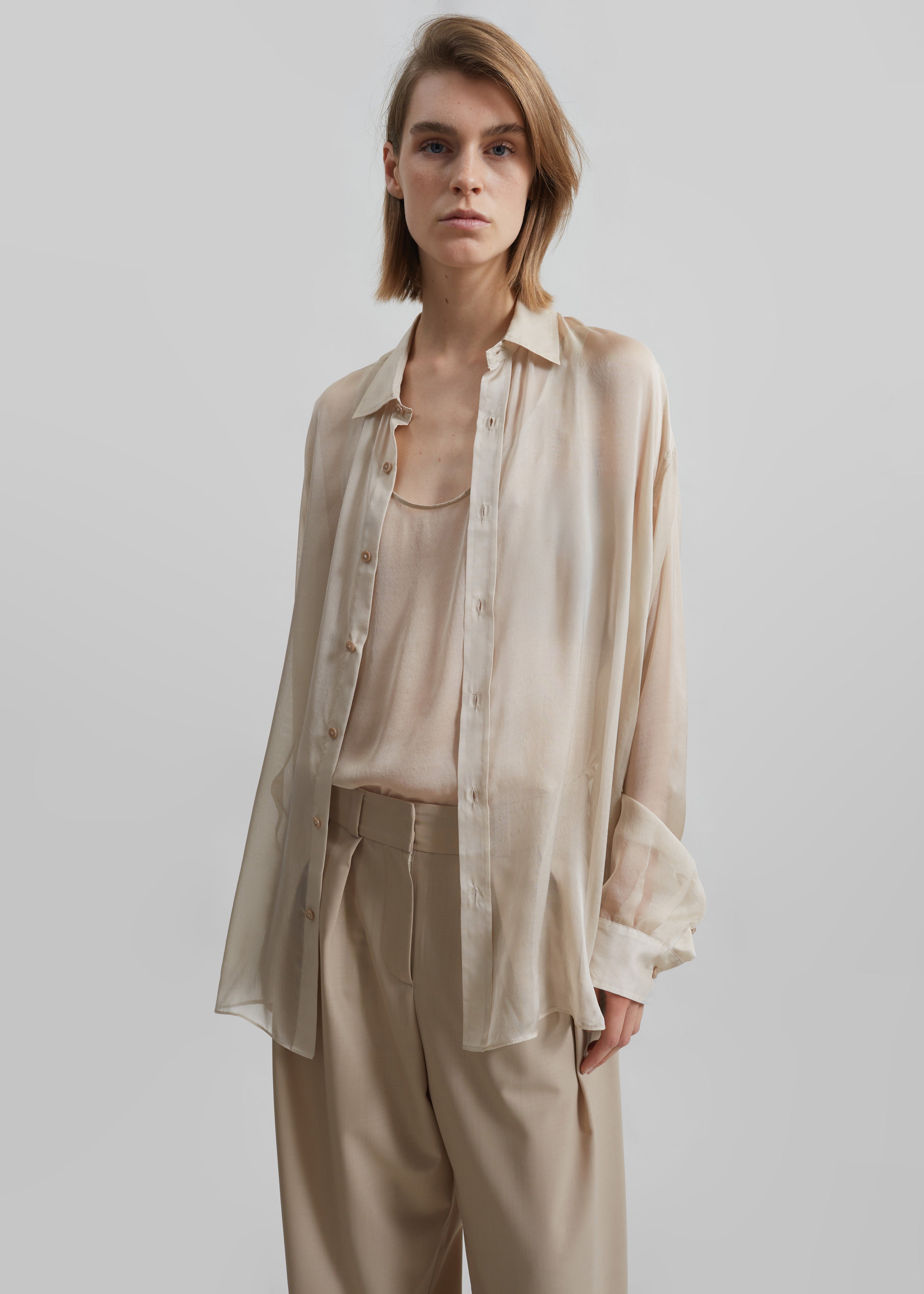 Oria Sheer Silk Chiffon Tank - Beige - 5