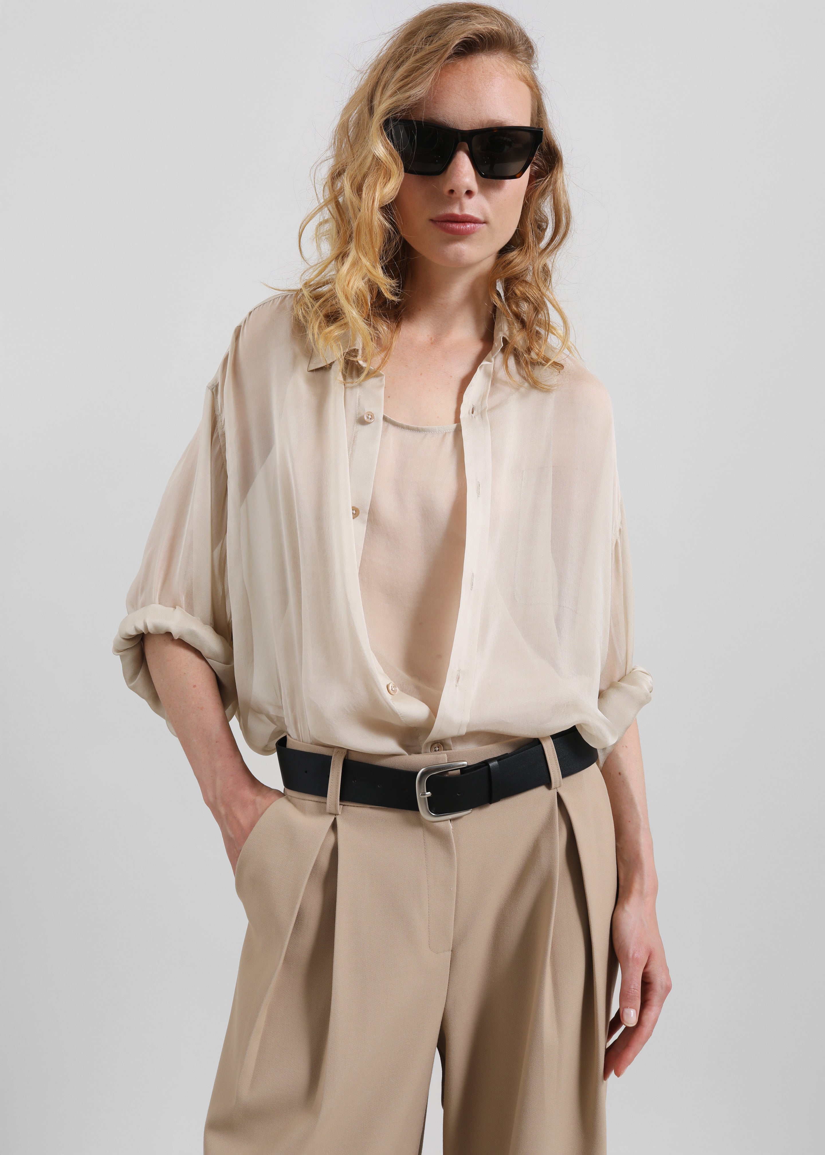 Oria Sheer Silk Chiffon Tank - Beige - 6