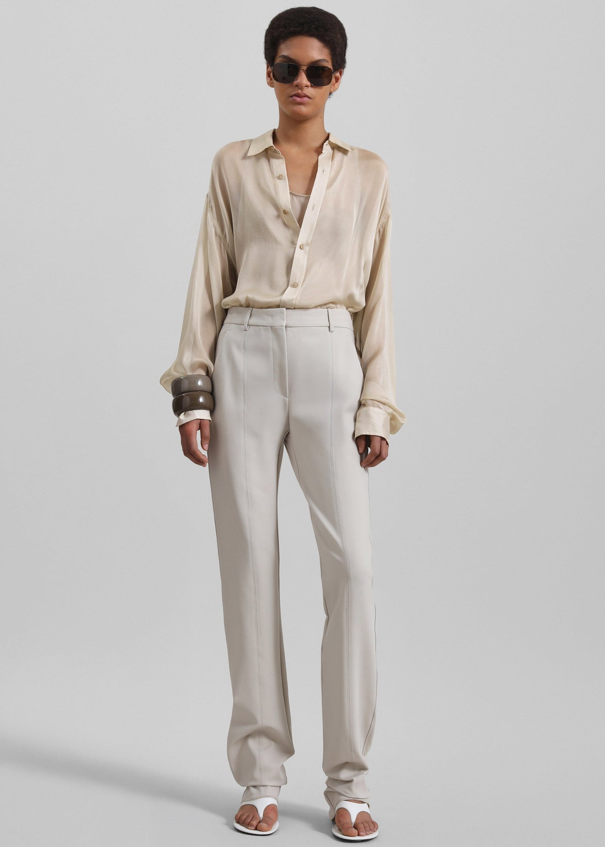 Oria Sheer Silk Chiffon Shirt - Beige - 5