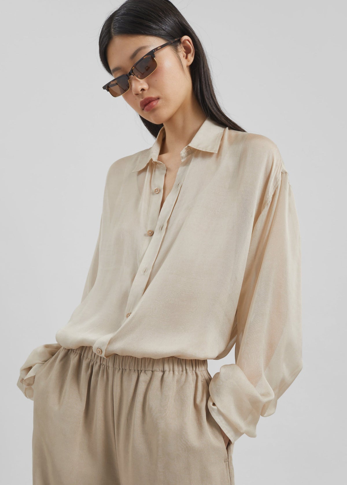 Oria Sheer Silk Chiffon Shirt - Beige - 6