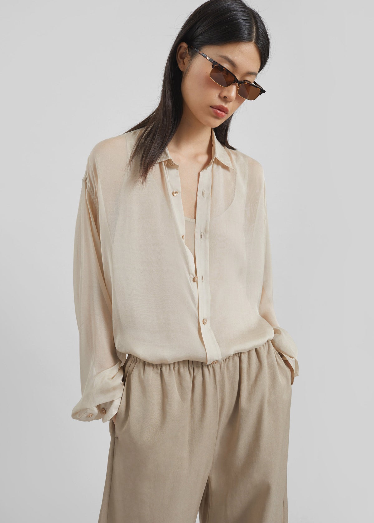 Oria Sheer Silk Chiffon Shirt - Beige - 4