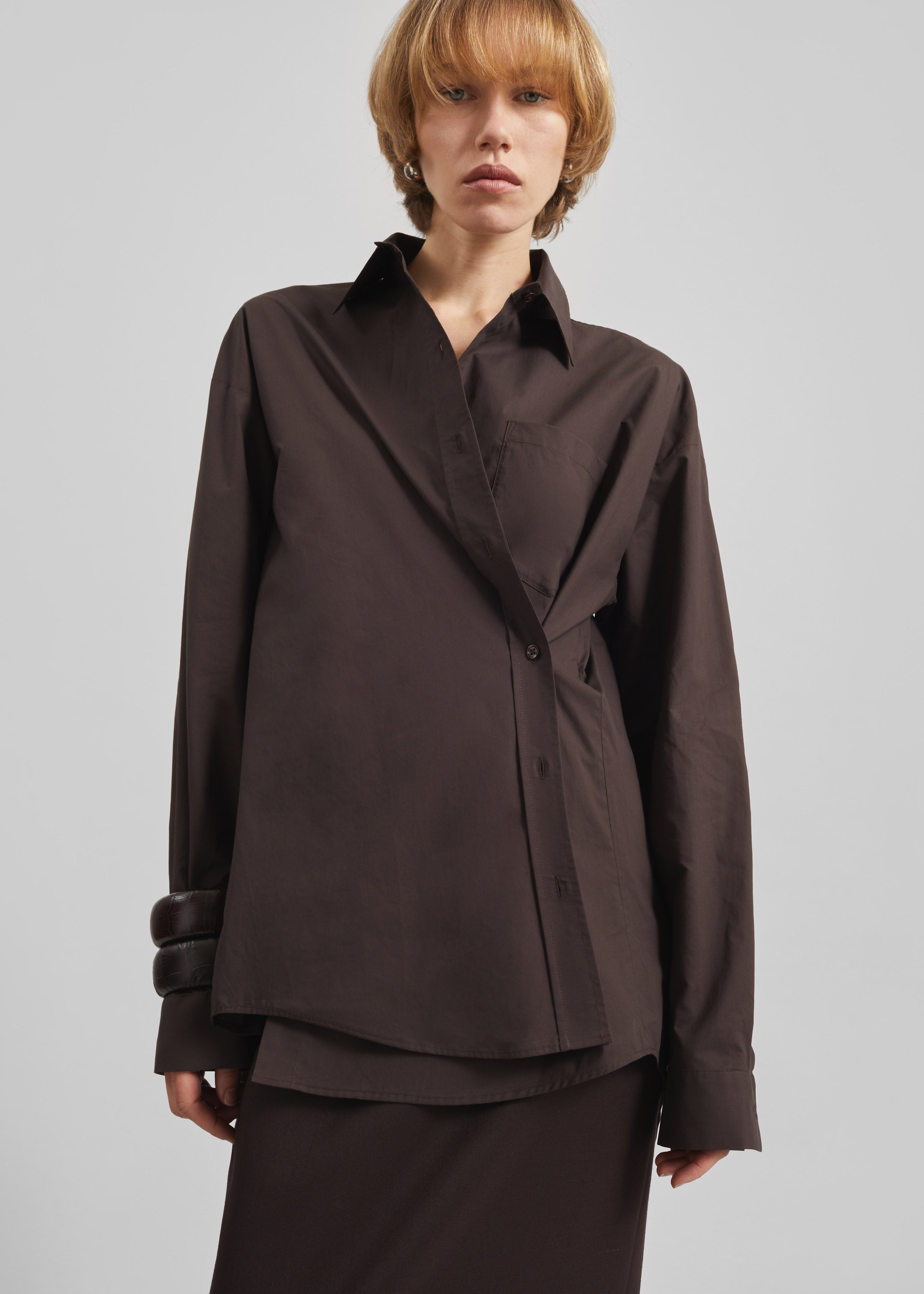 Ornella Side Button-Up Shirt - Brown - 4