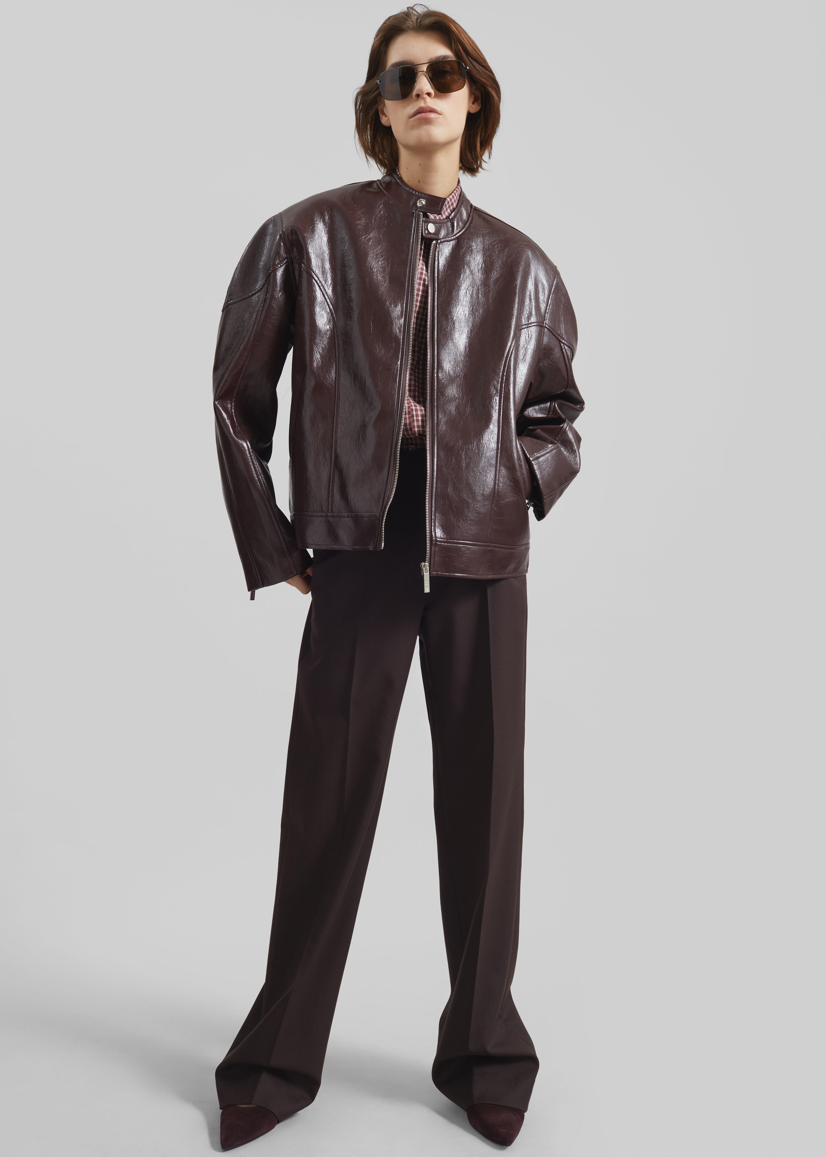 Ostend Faux Leather Biker Jacket - Burgundy - 5