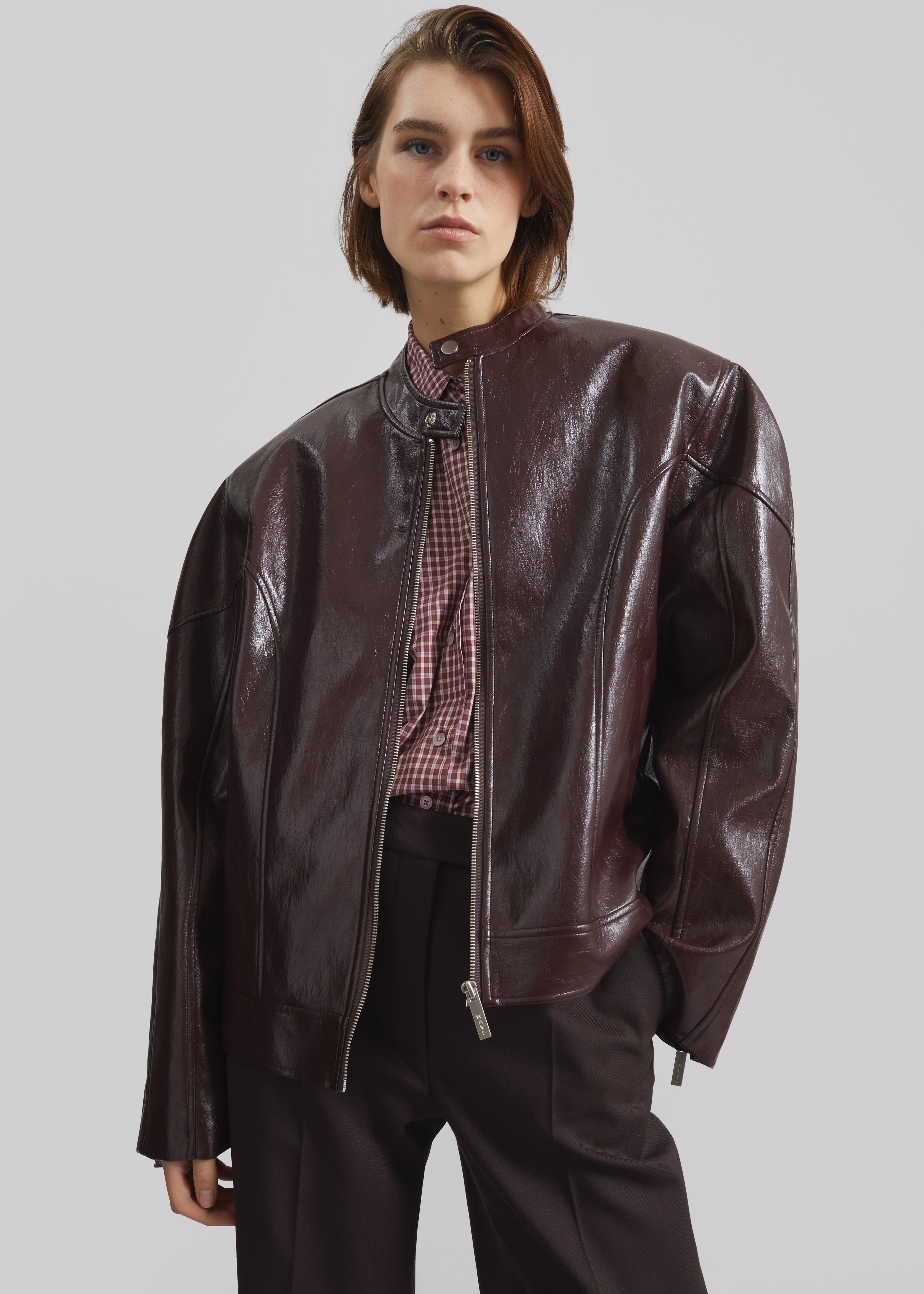 Ostend Faux Leather Biker Jacket - Burgundy - 4