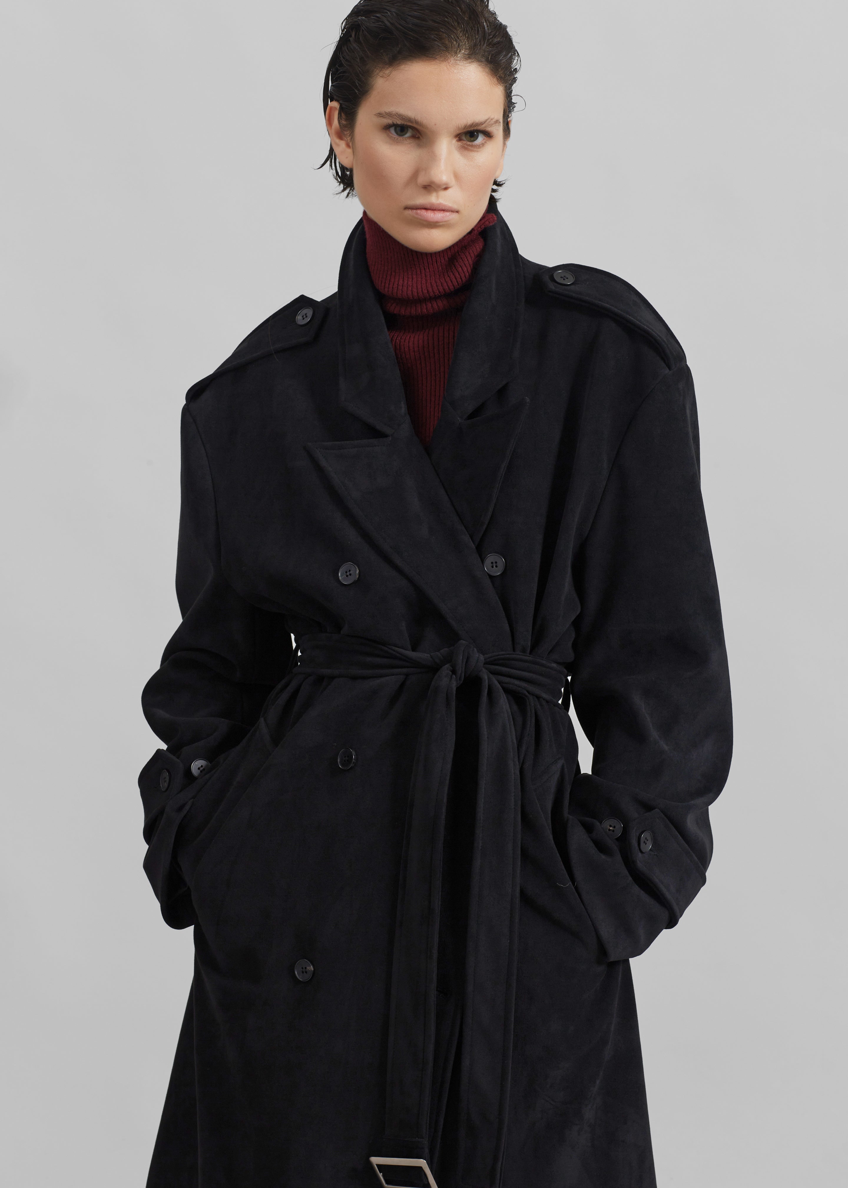 Black suede trench coat online