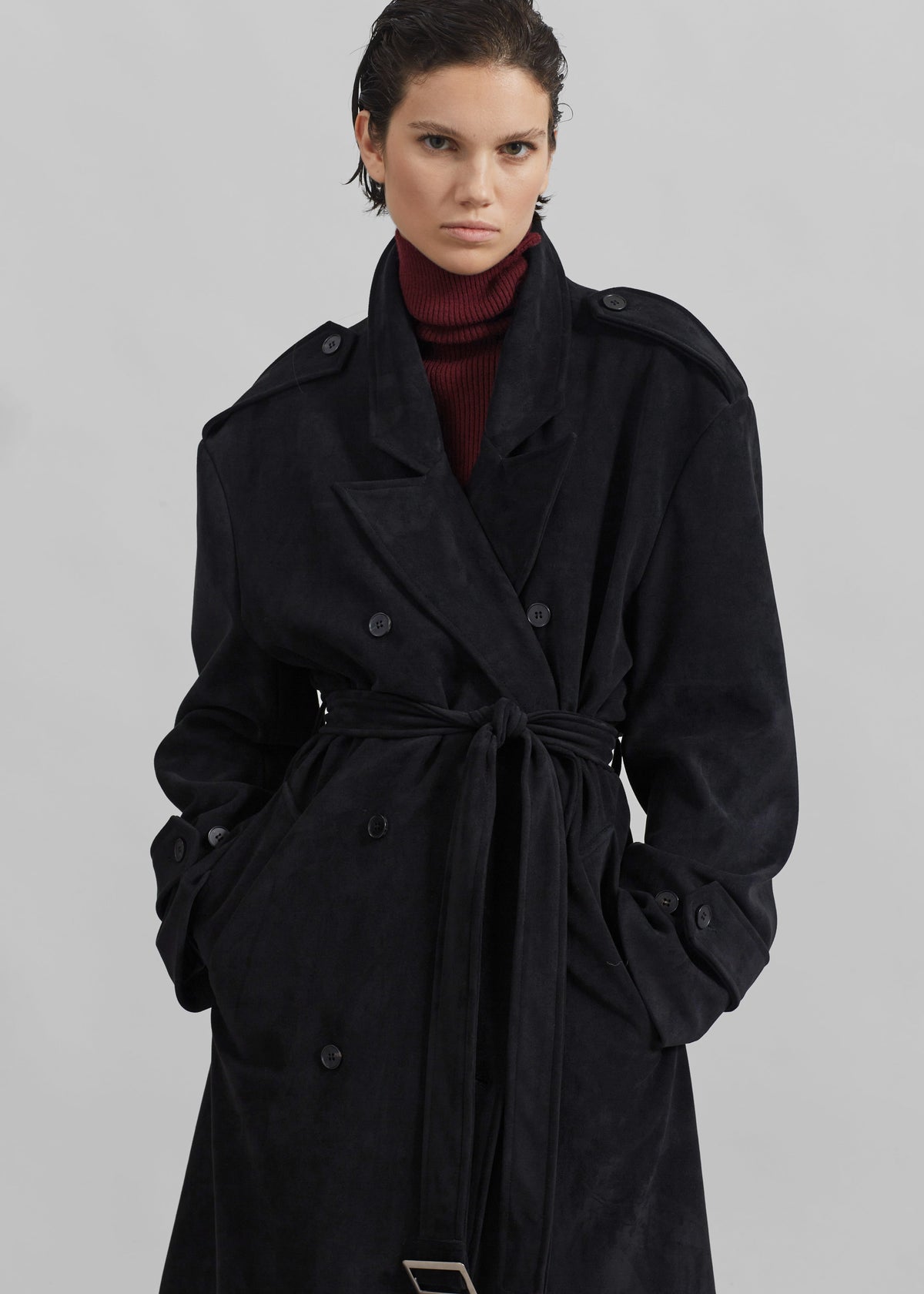 Peoria Faux Suede Trench Coat - Black - 1