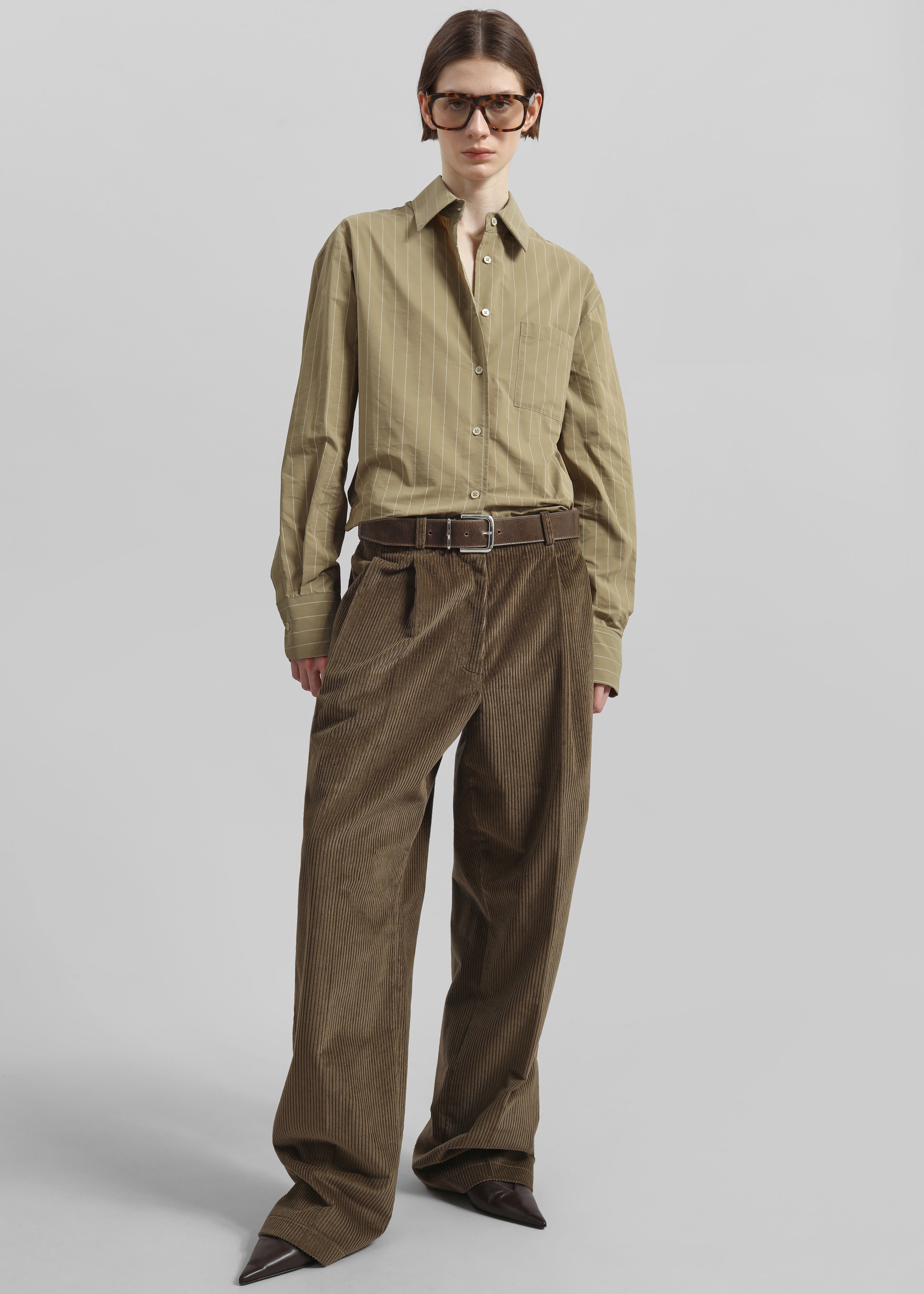 Peri Striped Cotton Shirt - Olive/White Stripe - 3