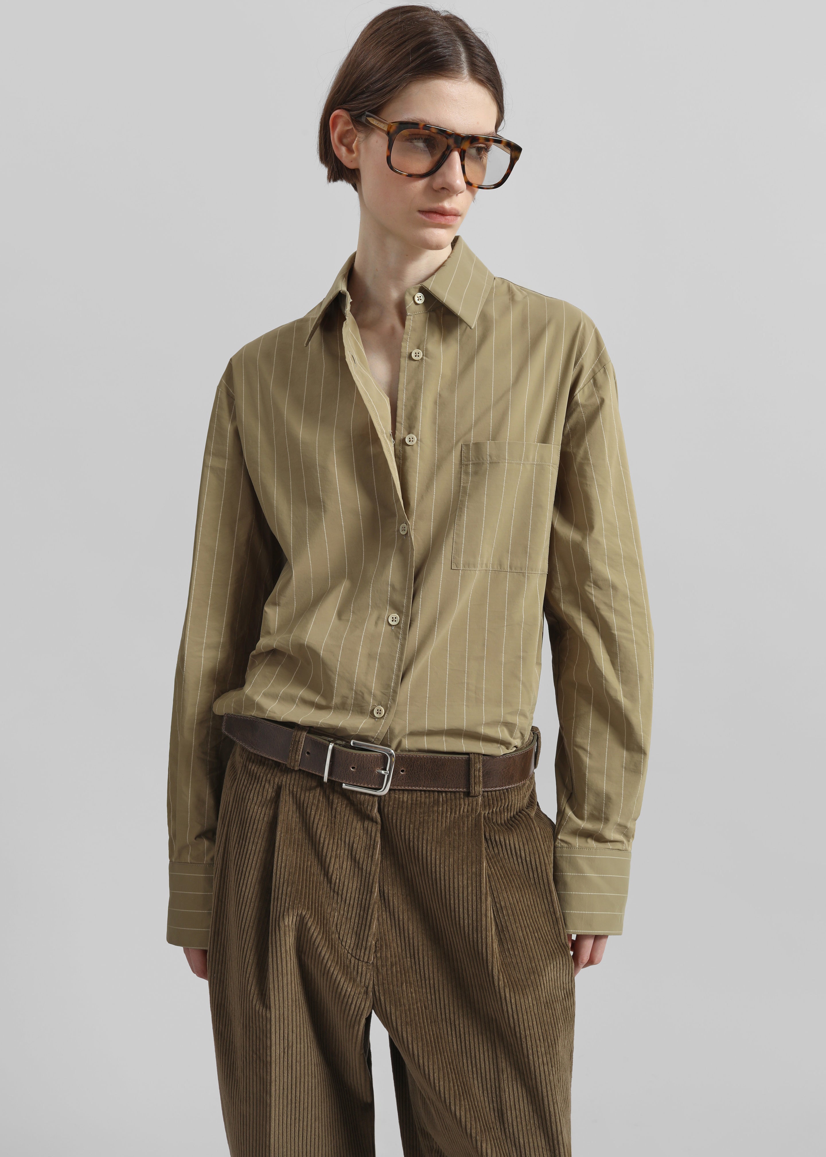 Peri Striped Cotton Shirt - Olive/White Stripe - 1