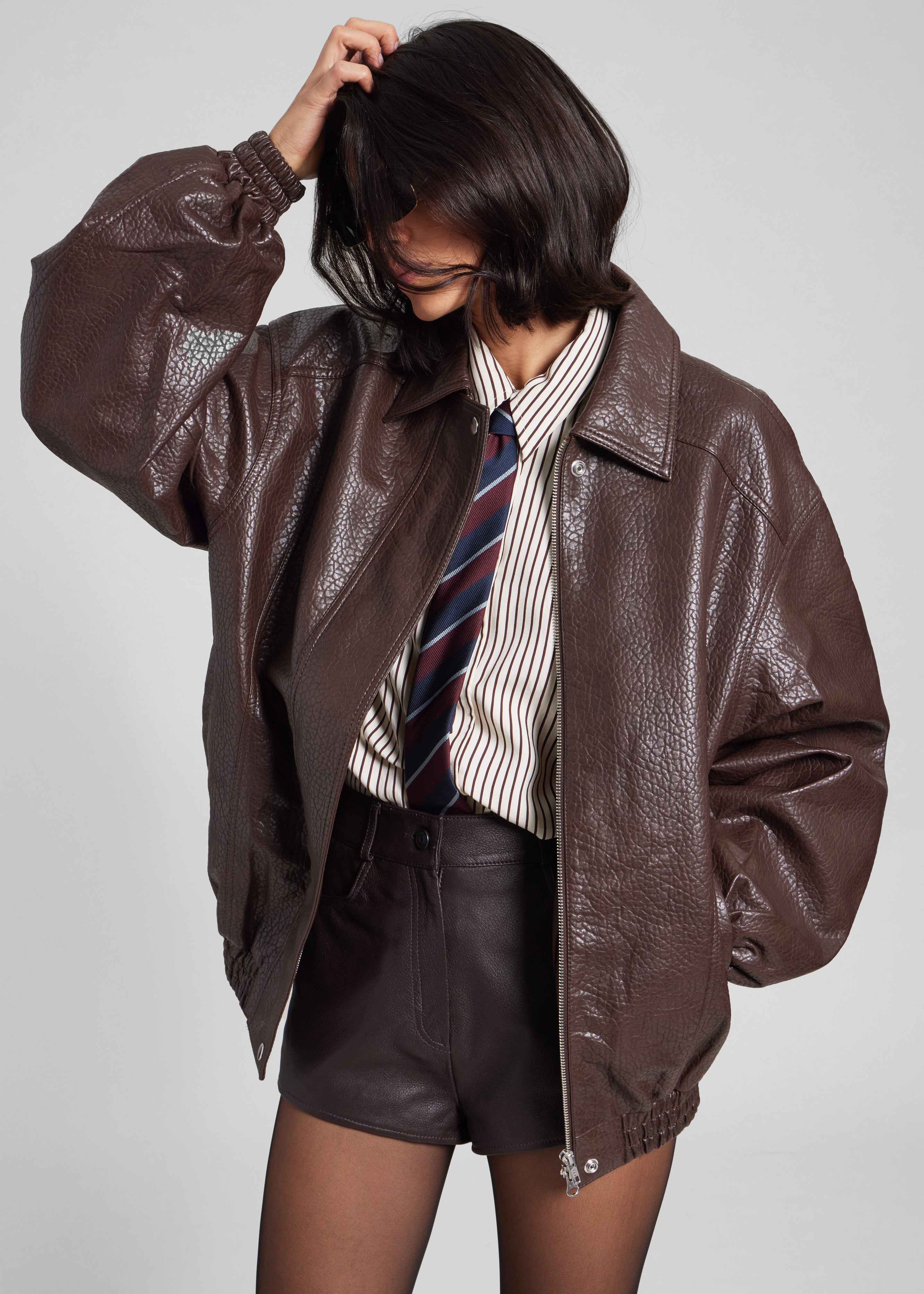 Prescott Grained Faux Leather Jacket - Brown - 7