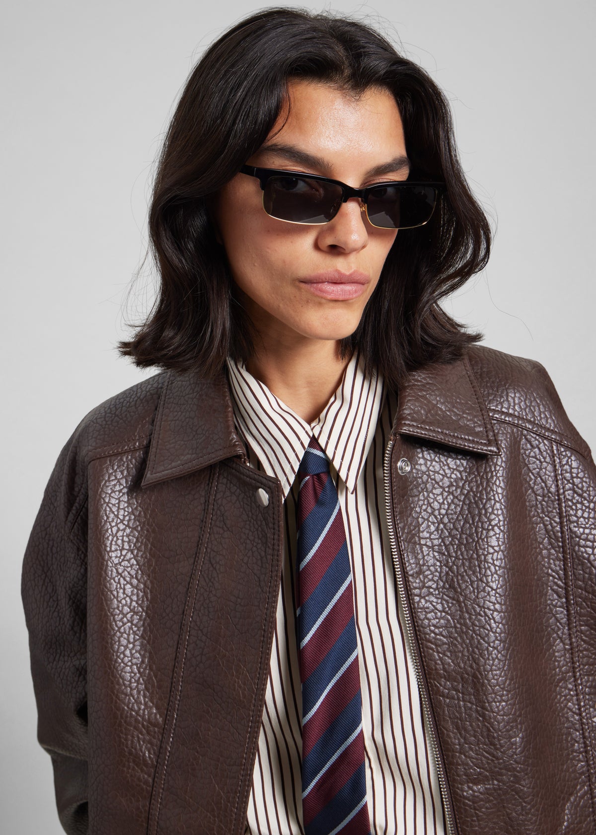 Prescott Grained Faux Leather Jacket - Brown - 3