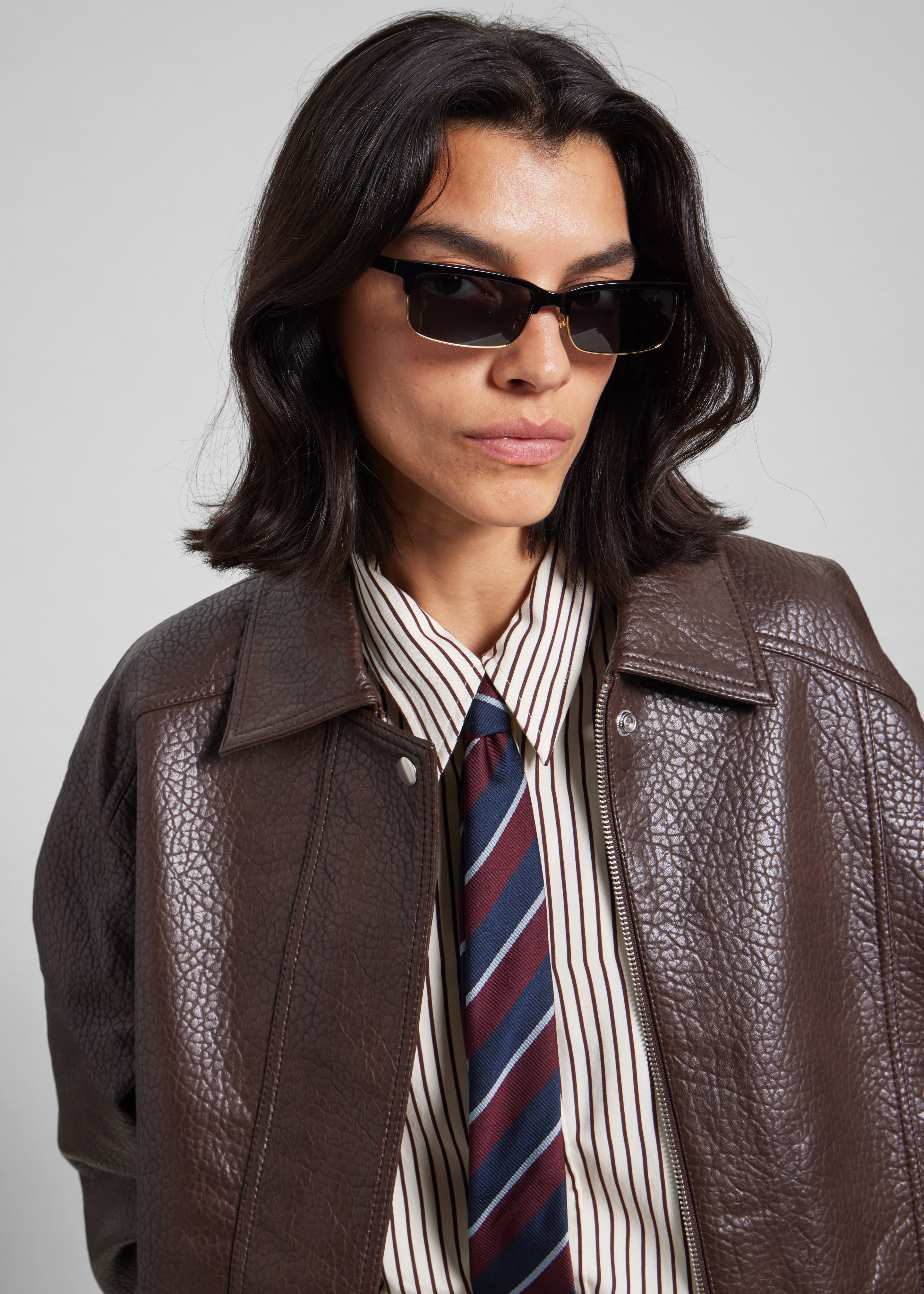 Prescott Grained Faux Leather Jacket - Brown - 3