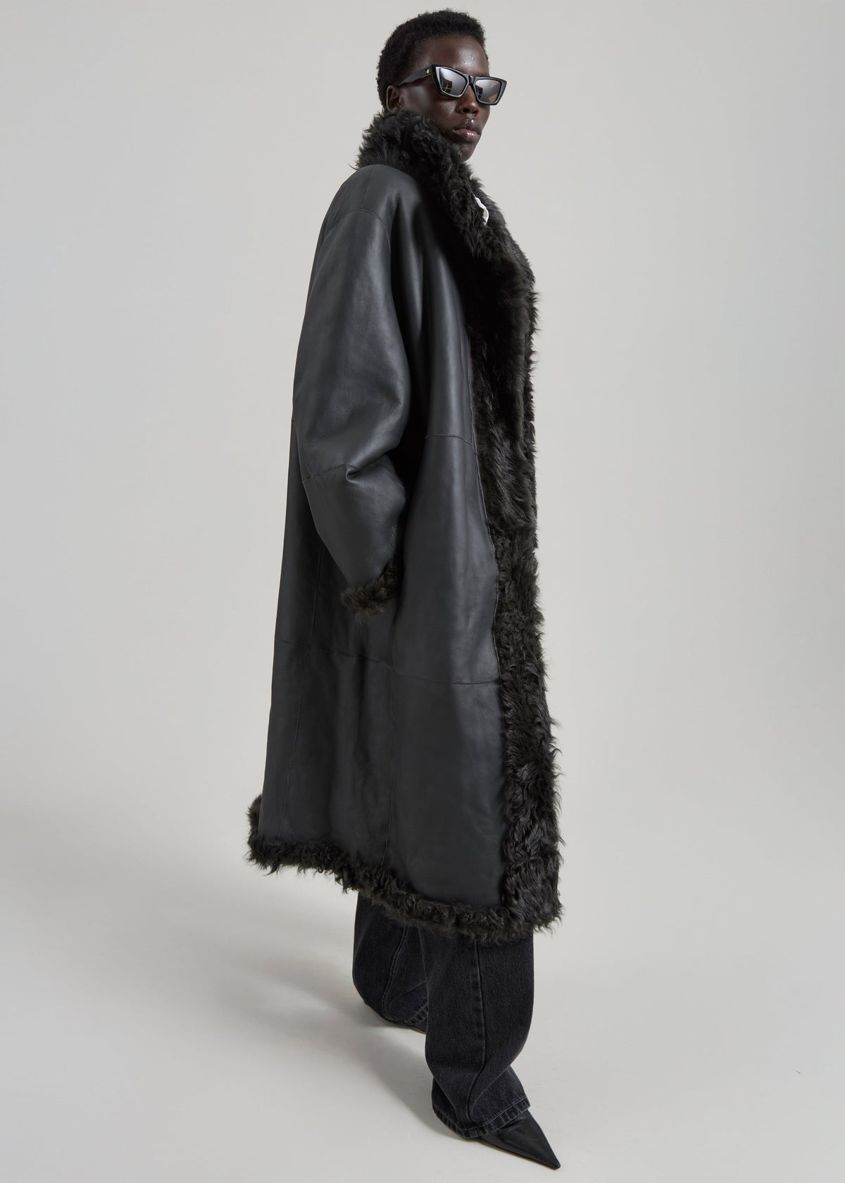Remain Reversible Long Hair Shearling Coat - Tap Shoe Black - 5