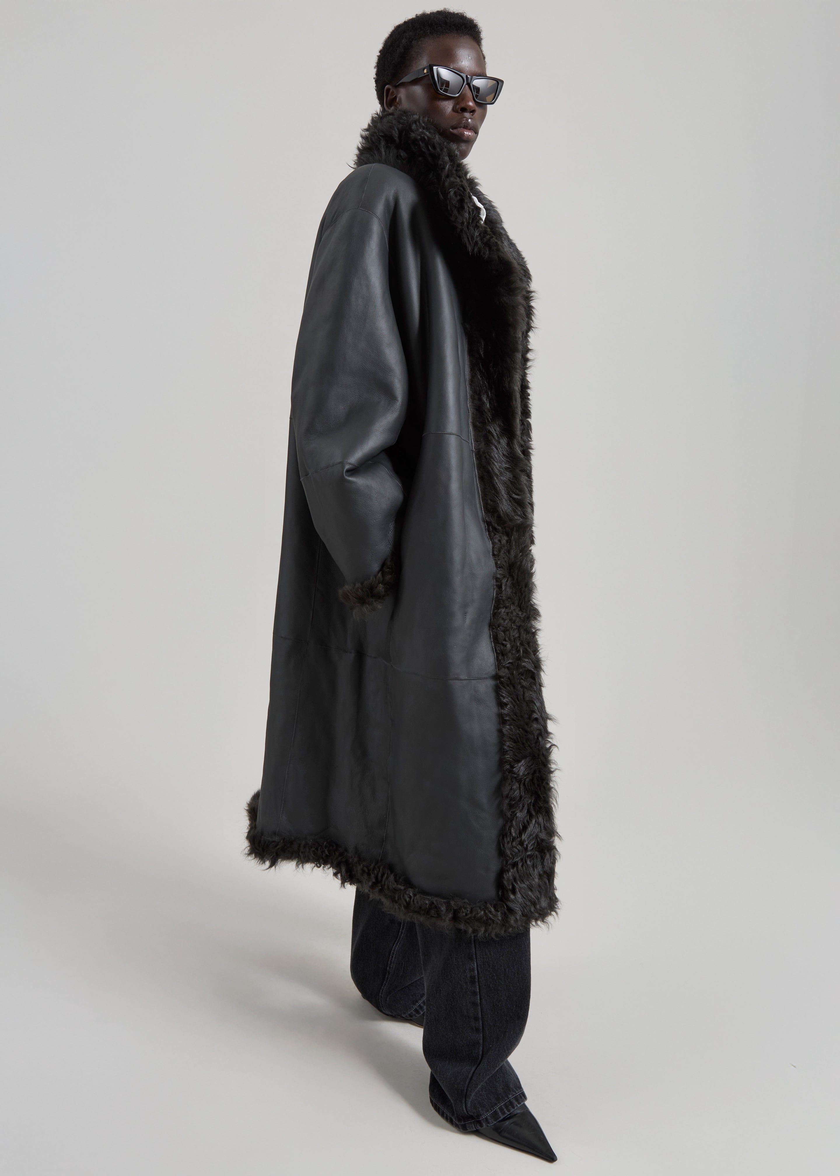 Remain Reversible Long Hair Shearling Coat - Tap Shoe Black - 5