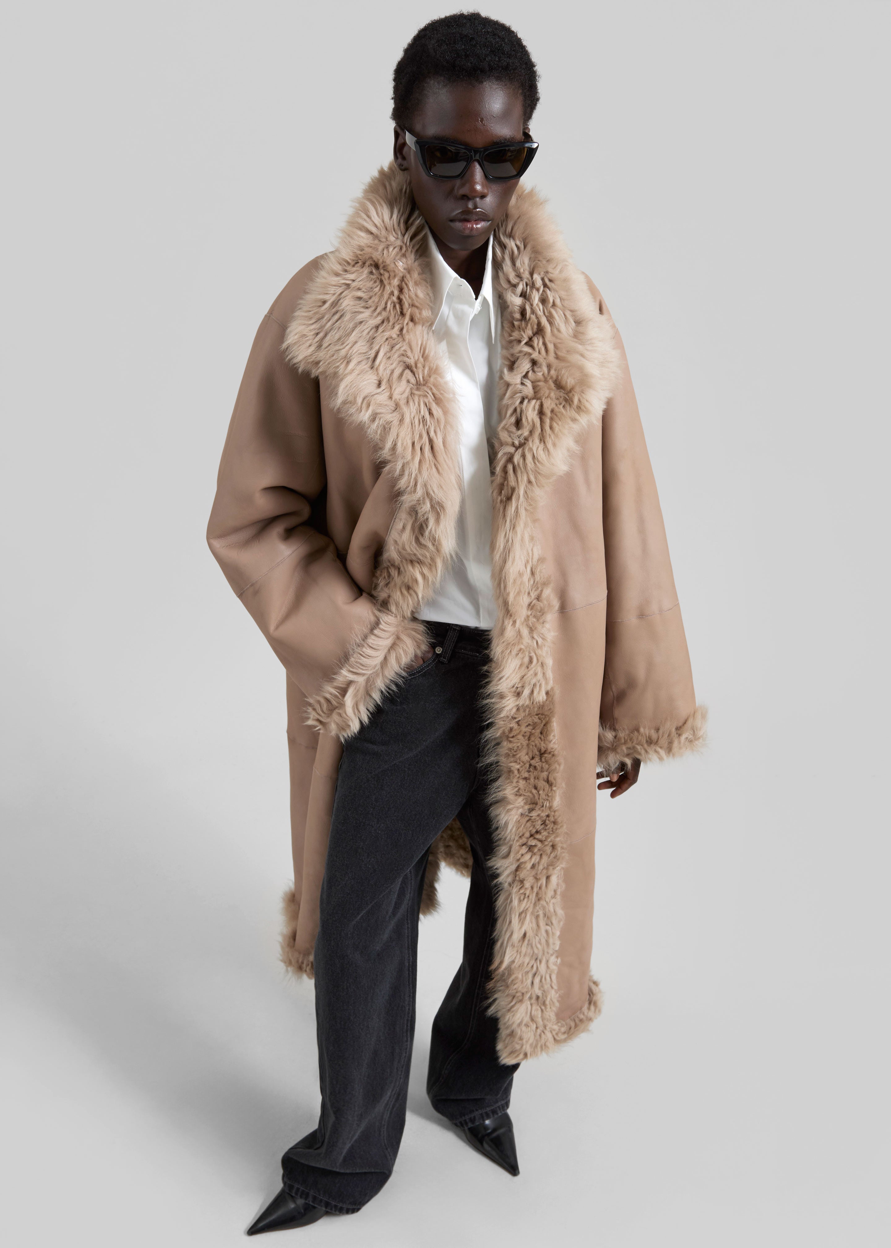 REMAIN Reversible Long Hair Shearling Coat - Pebble - 4