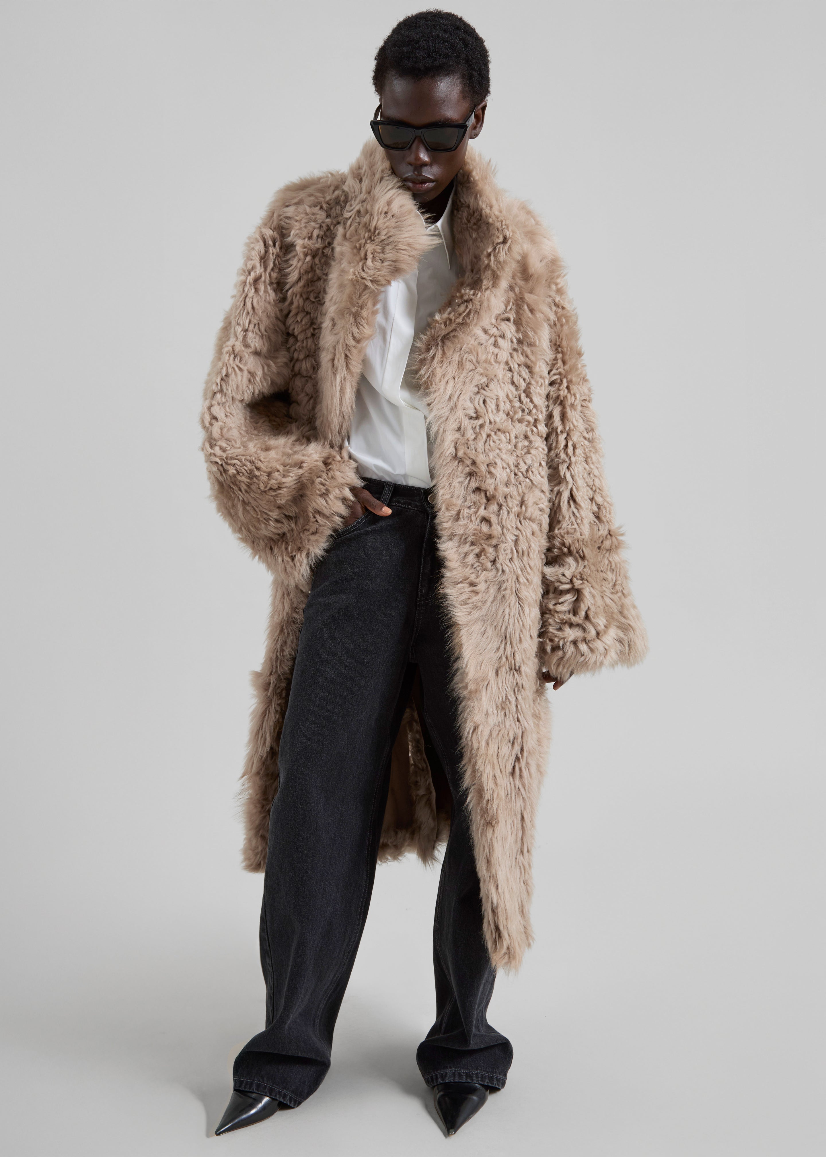 REMAIN Reversible Long Hair Shearling Coat - Pebble - 1