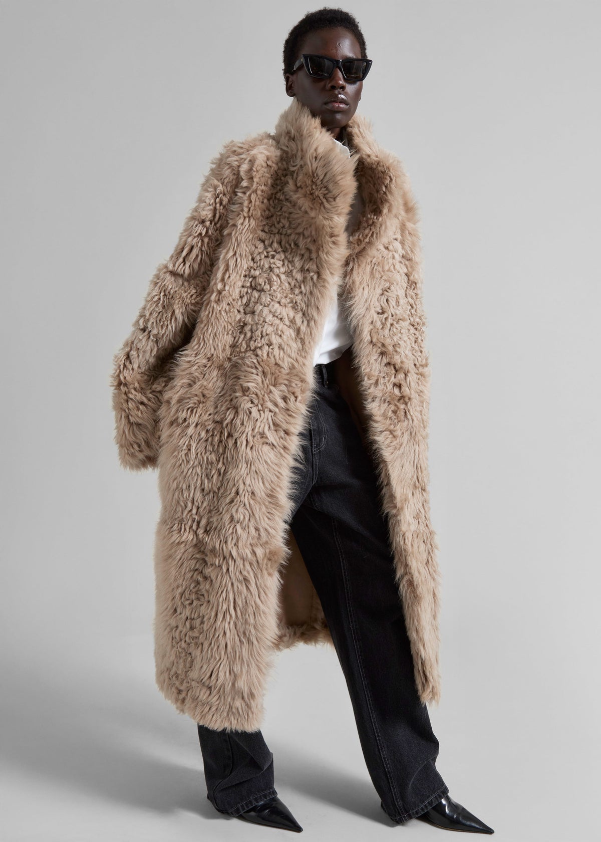 REMAIN Reversible Long Hair Shearling Coat - Pebble - 6