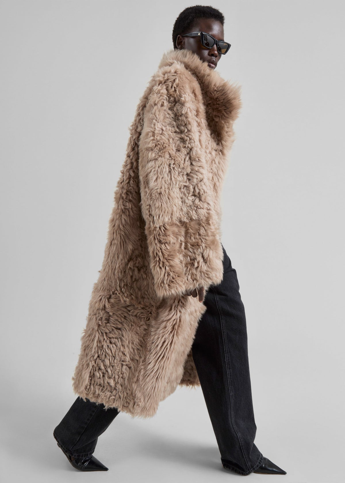 REMAIN Reversible Long Hair Shearling Coat - Pebble - 3
