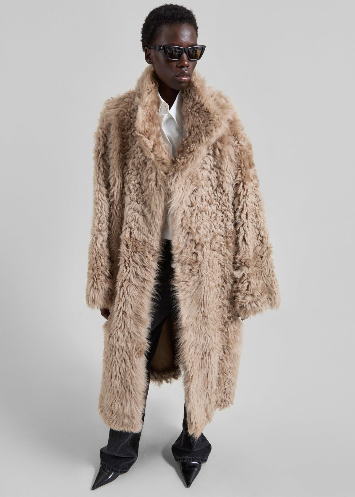 REMAIN Reversible Long Hair Shearling Coat - Pebble - 8