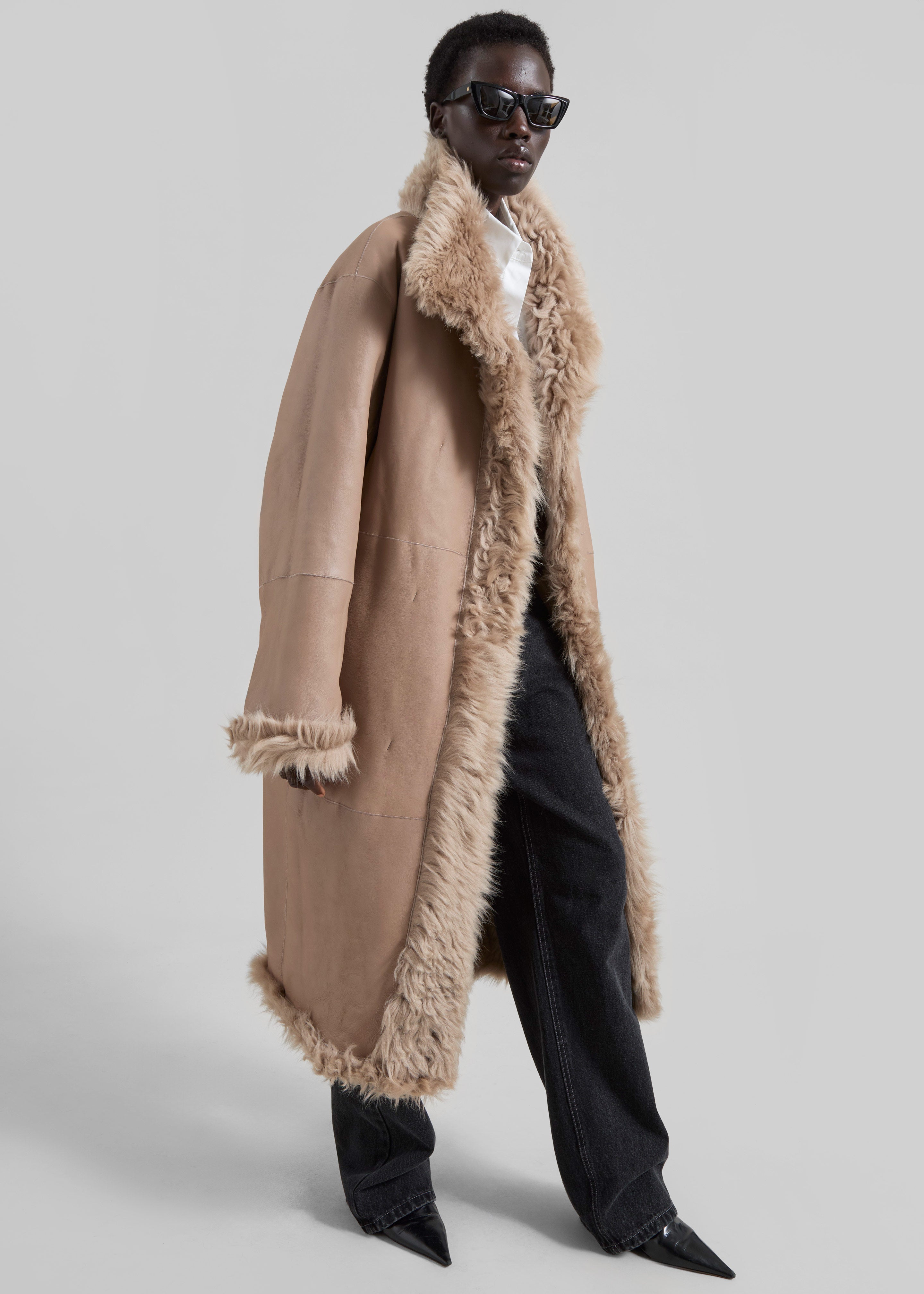 REMAIN Reversible Long Hair Shearling Coat - Pebble - 9
